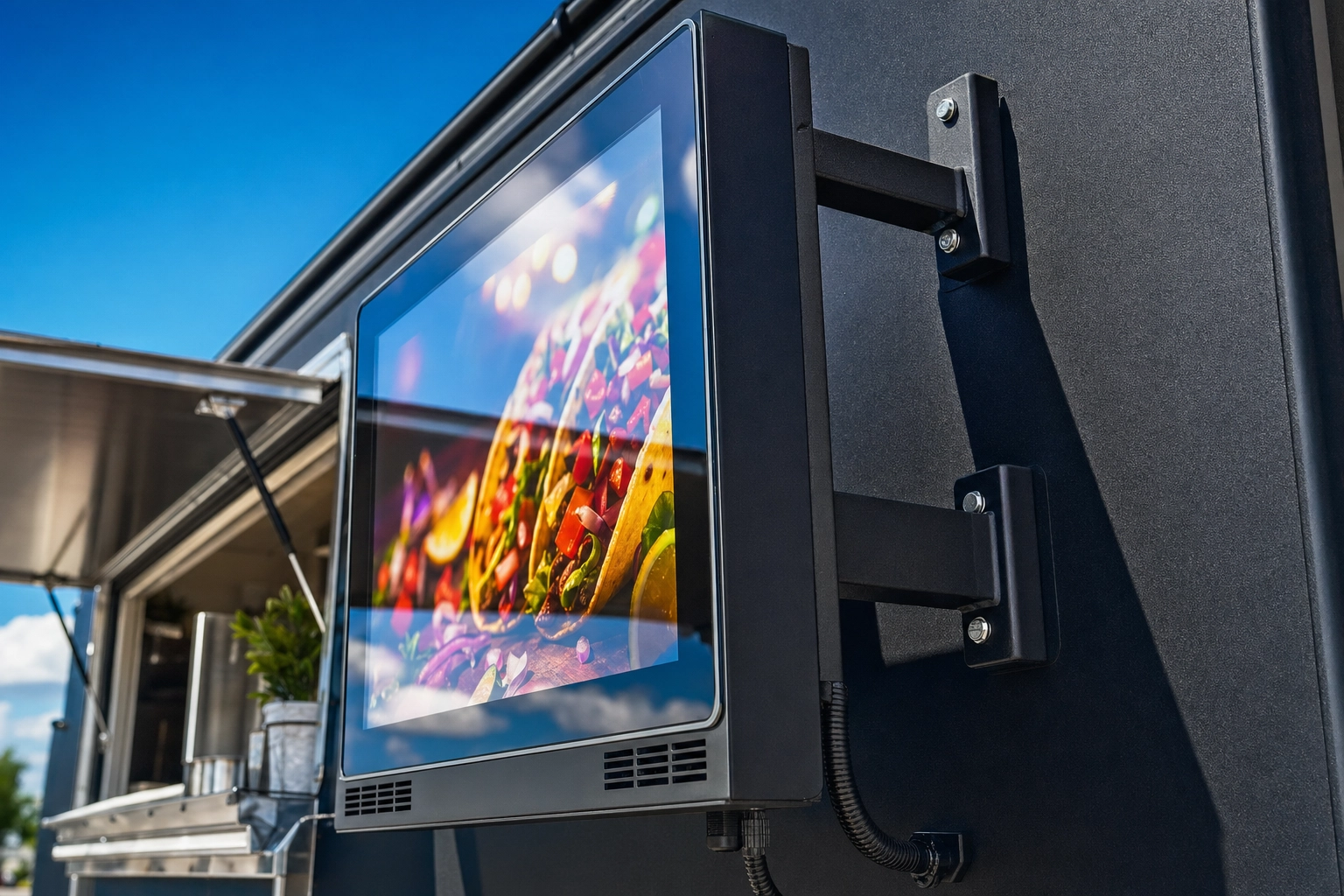 Close-up of outdoor LCD digital menu board mounted on food truck exterior showing weatherproof bracket and bright screen