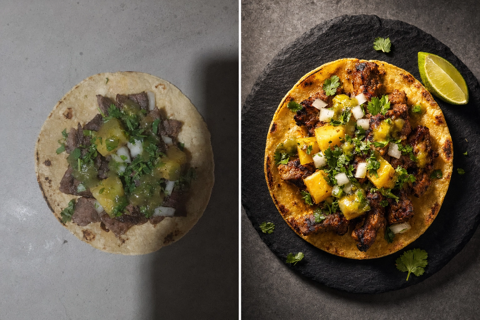 Side-by-side comparison of raw phone food photo versus AI-enhanced menu-ready taco image for food truck menu board