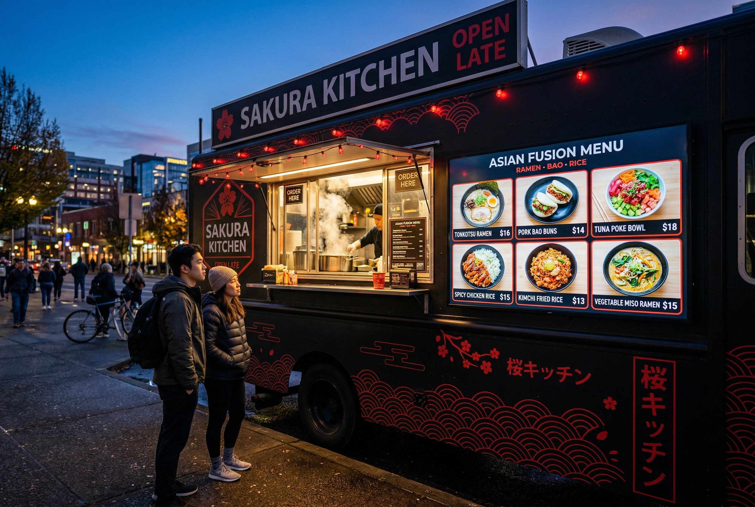 Asian fusion food truck with illuminated digital bento-box grid menu layout showing ramen and bao bun photos