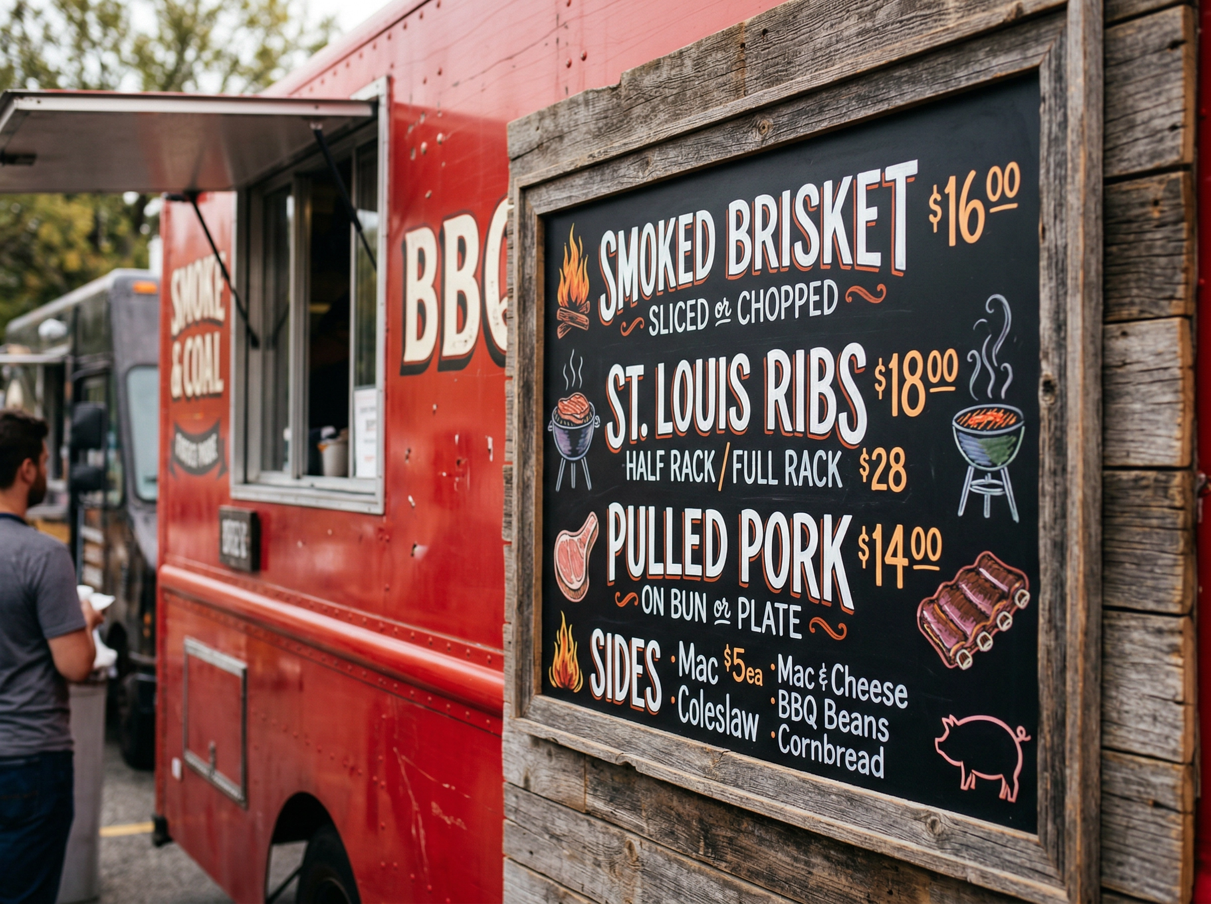 Hand-lettered BBQ food truck chalkboard menu with colorful liquid chalk marker lettering and meat illustrations