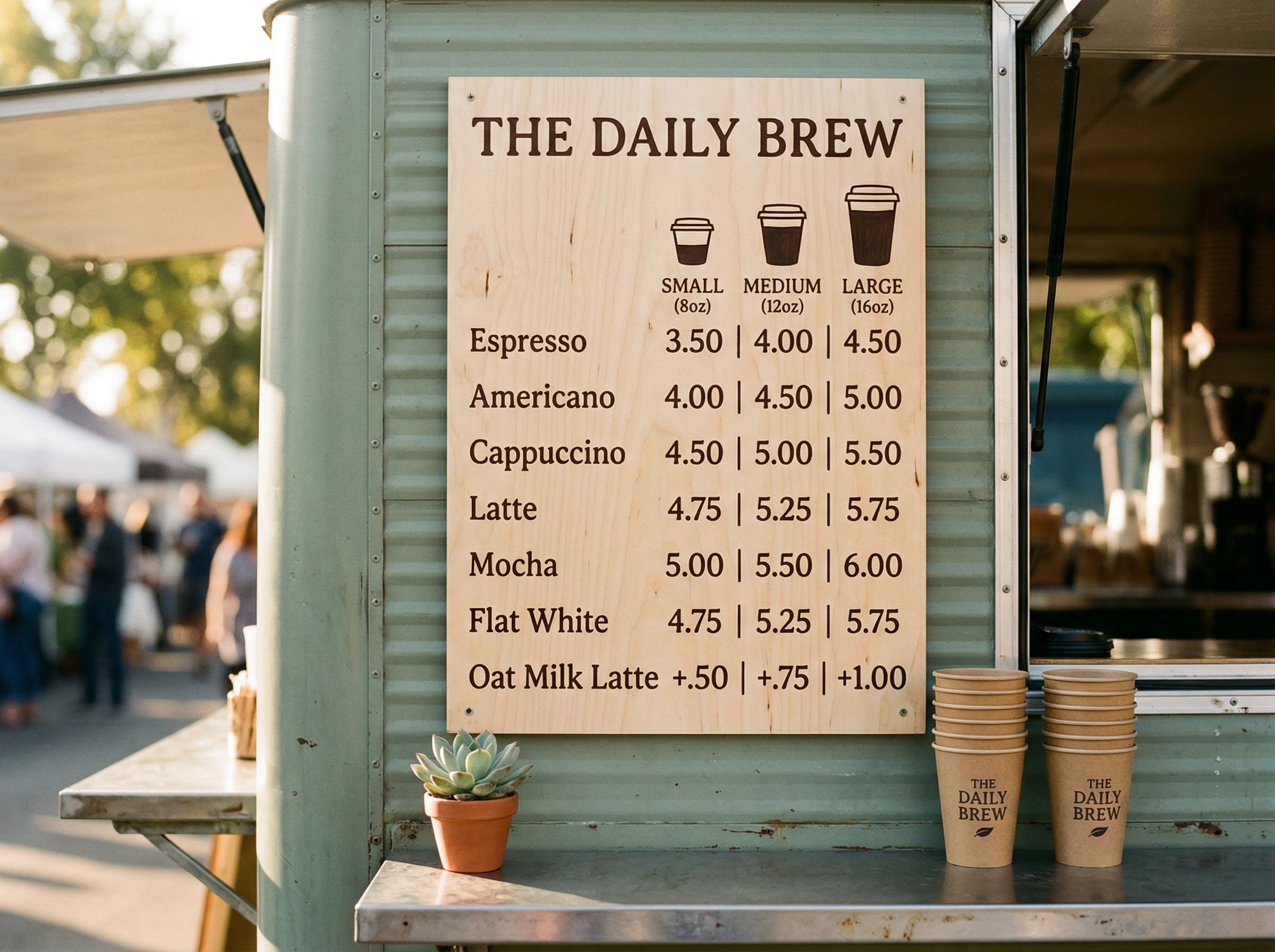 Coffee truck vertical menu board with minimalist design showing drink sizes in columns on natural birch wood