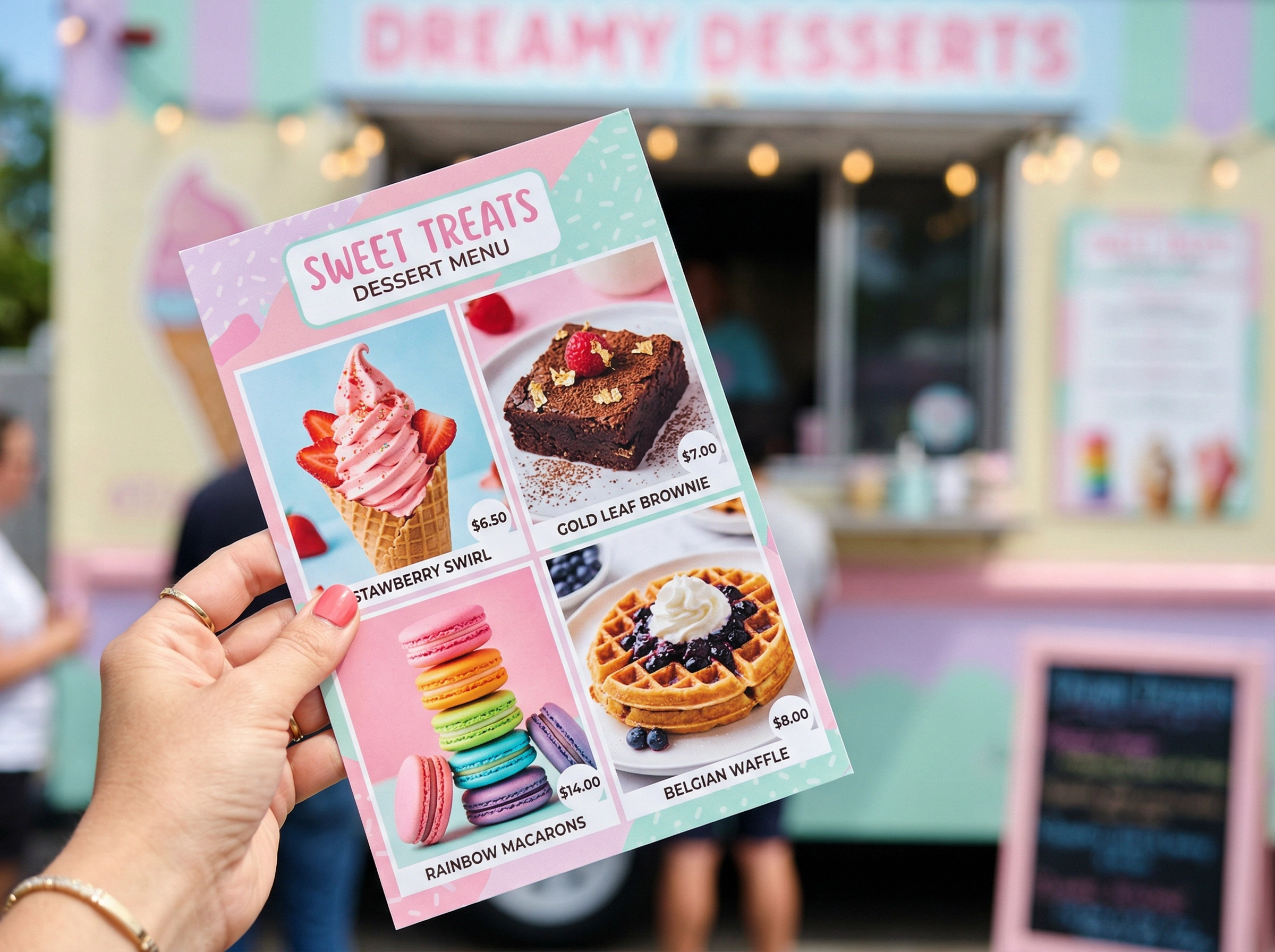 Dessert truck menu card with large vibrant food photos of soft serve, brownies, and macarons in pastel design