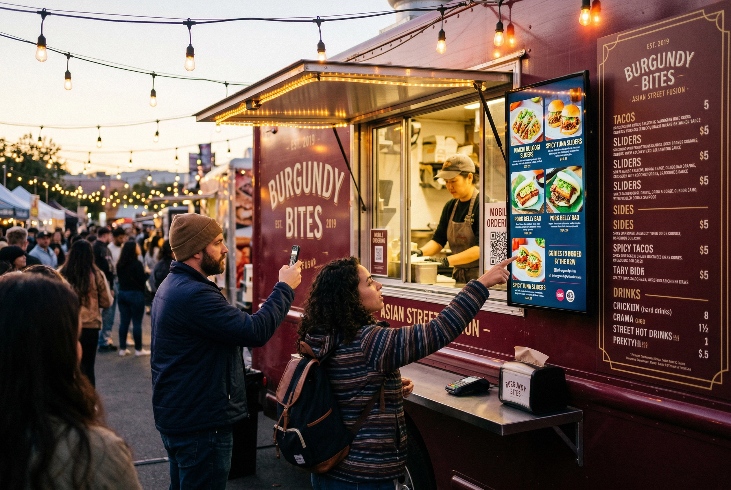 Food truck with hybrid menu setup showing vinyl decal menu and digital screen at ordering window