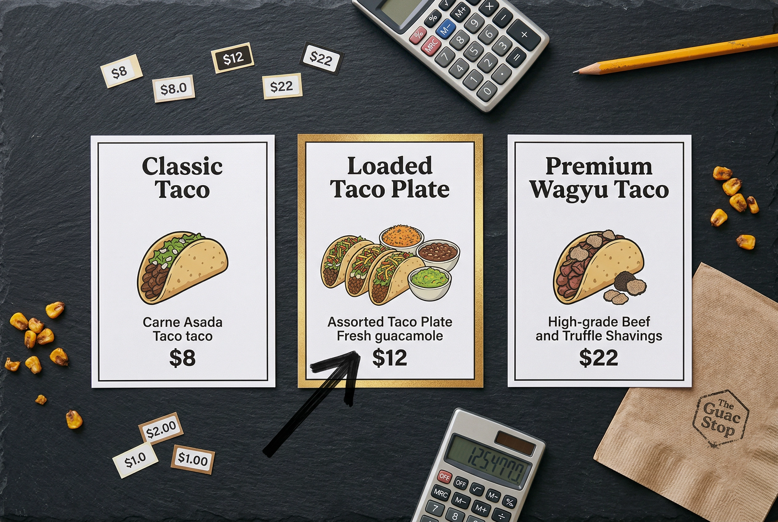 Pricing psychology demonstration showing decoy pricing concept with three food truck menu price tiers