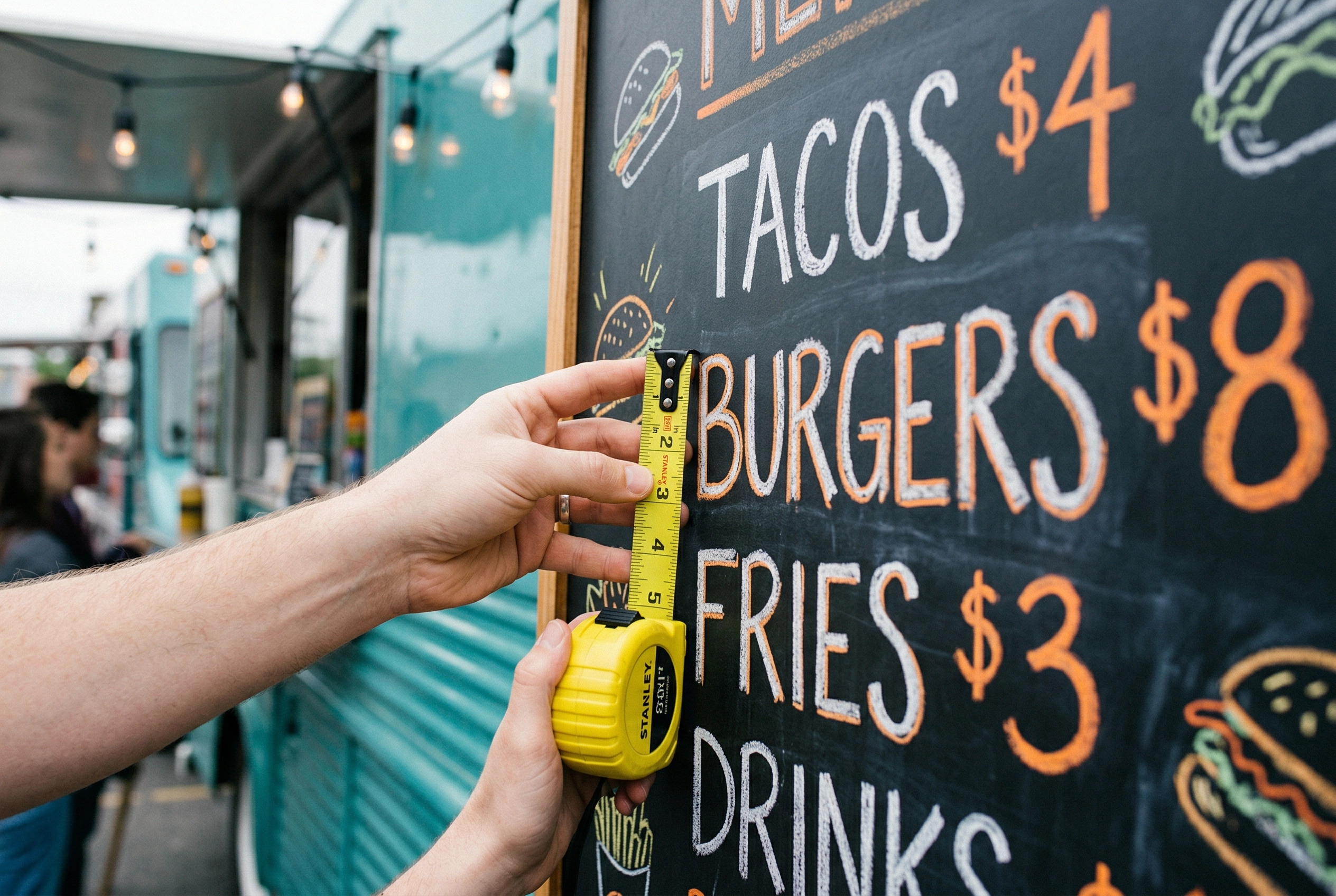 Measuring food truck menu text size for readability with tape measure against chalkboard menu
