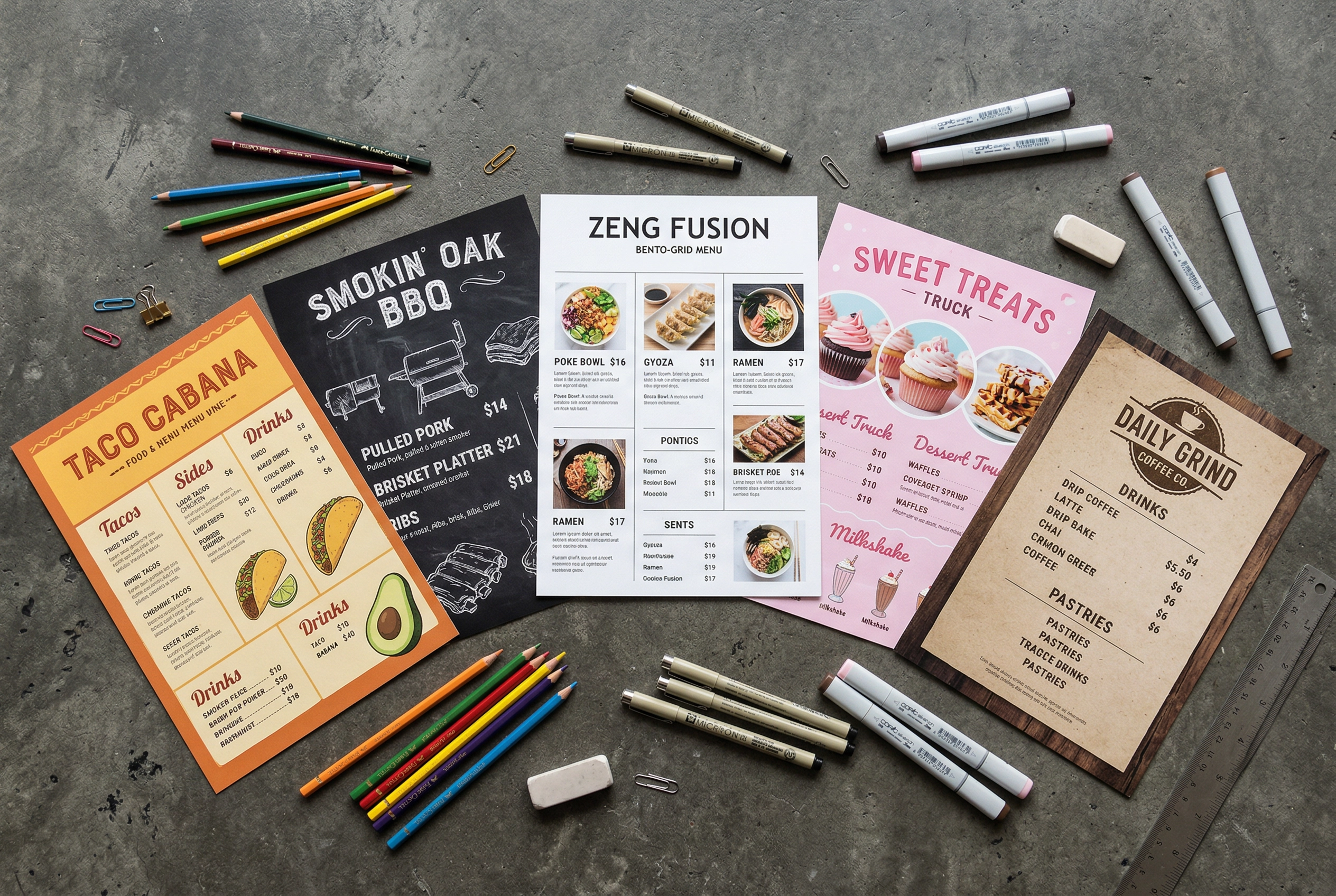 Five different food truck menu templates arranged by cuisine type including taco, BBQ, Asian, dessert, and coffee
