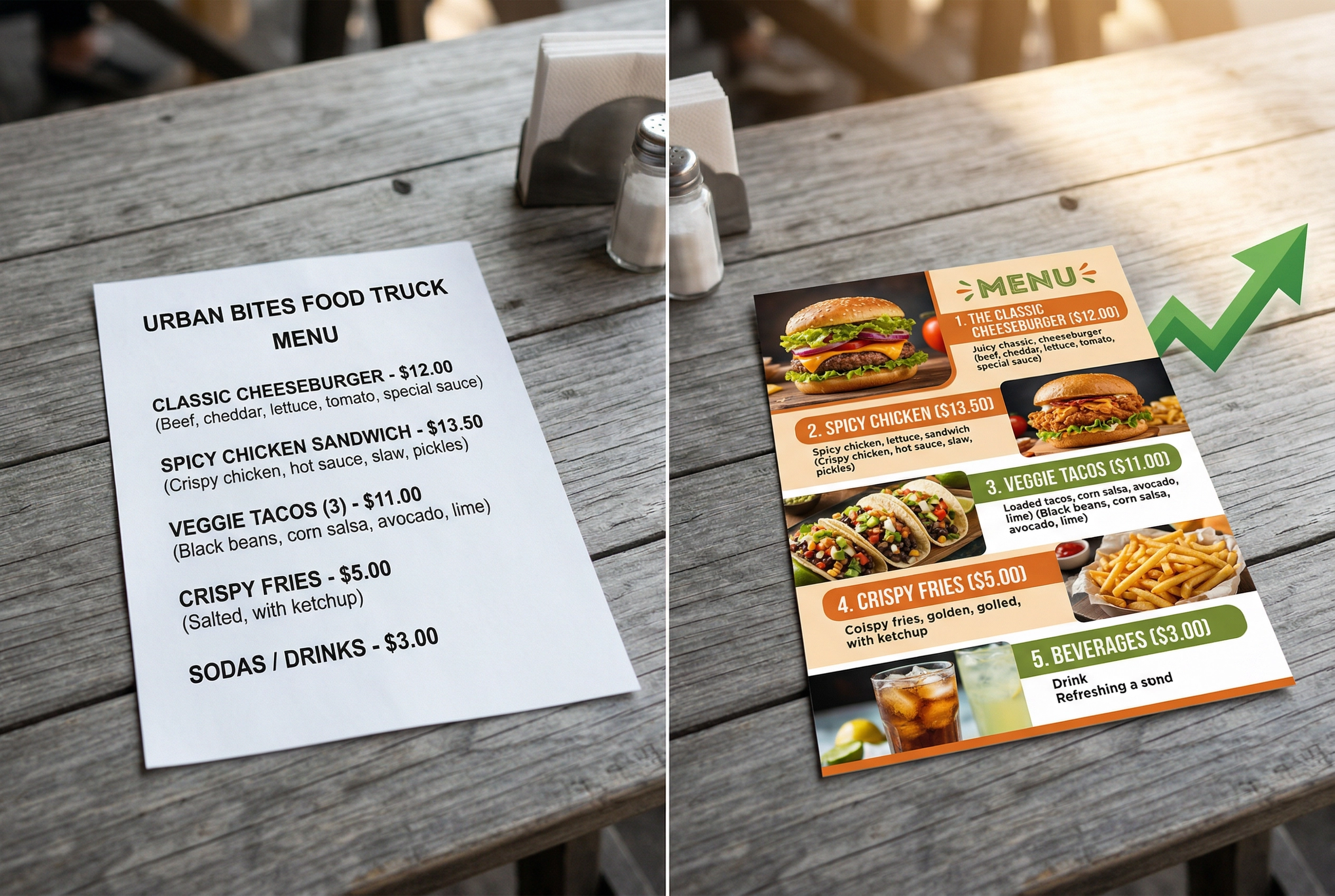 Side-by-side comparison of text-only food truck menu versus photo-enhanced menu design