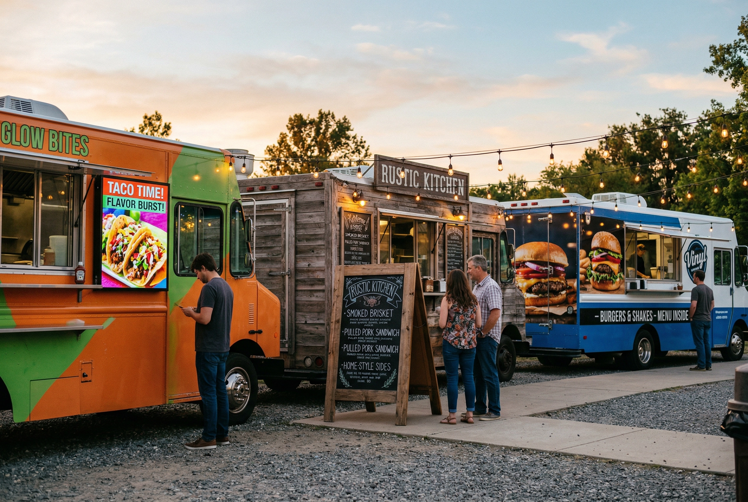 Food truck park at evening showing three different menu board styles: digital screen, chalkboard, and vinyl graphics