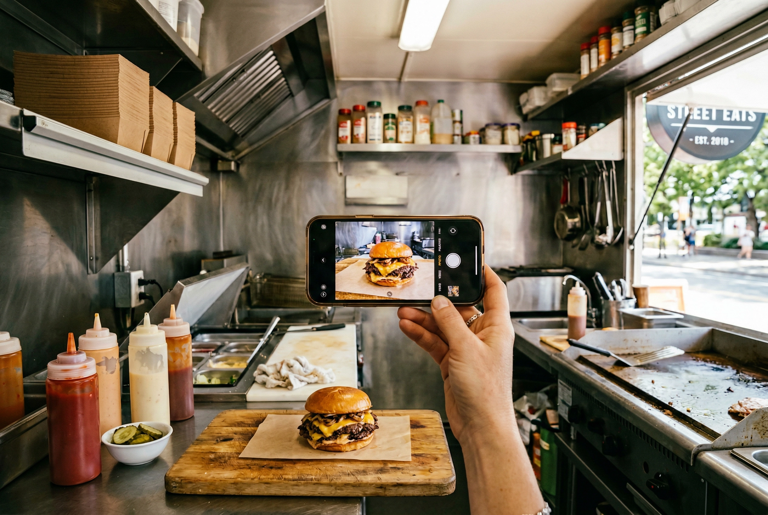 Food truck owner photographing a smash burger with smartphone during kitchen prep for AI enhancement