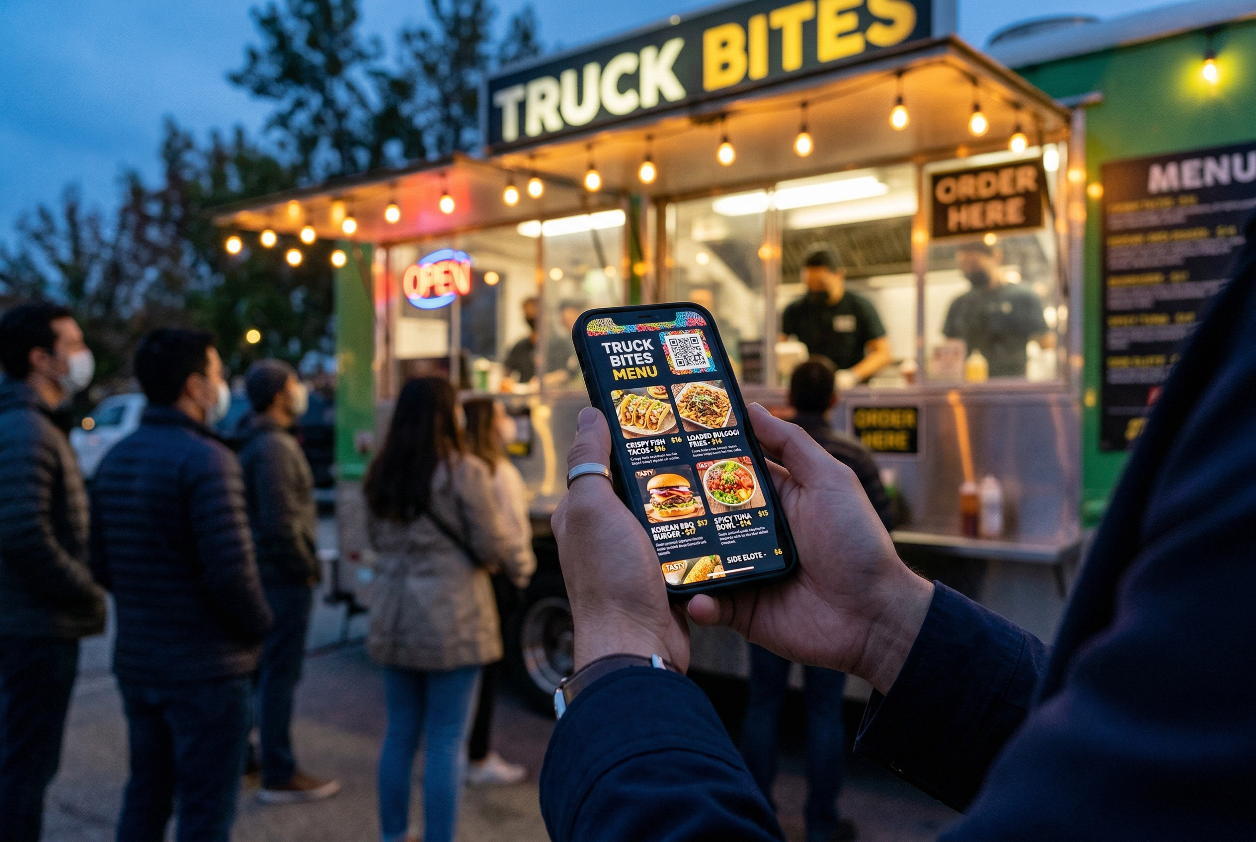 Customer viewing food truck digital menu on smartphone via QR code with food photos and prices