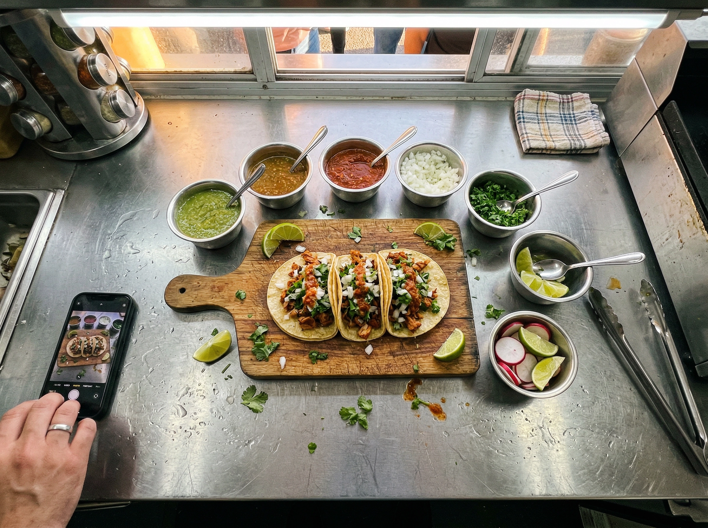 Taco truck prep station with freshly assembled street tacos surrounded by colorful toppings ready to photograph