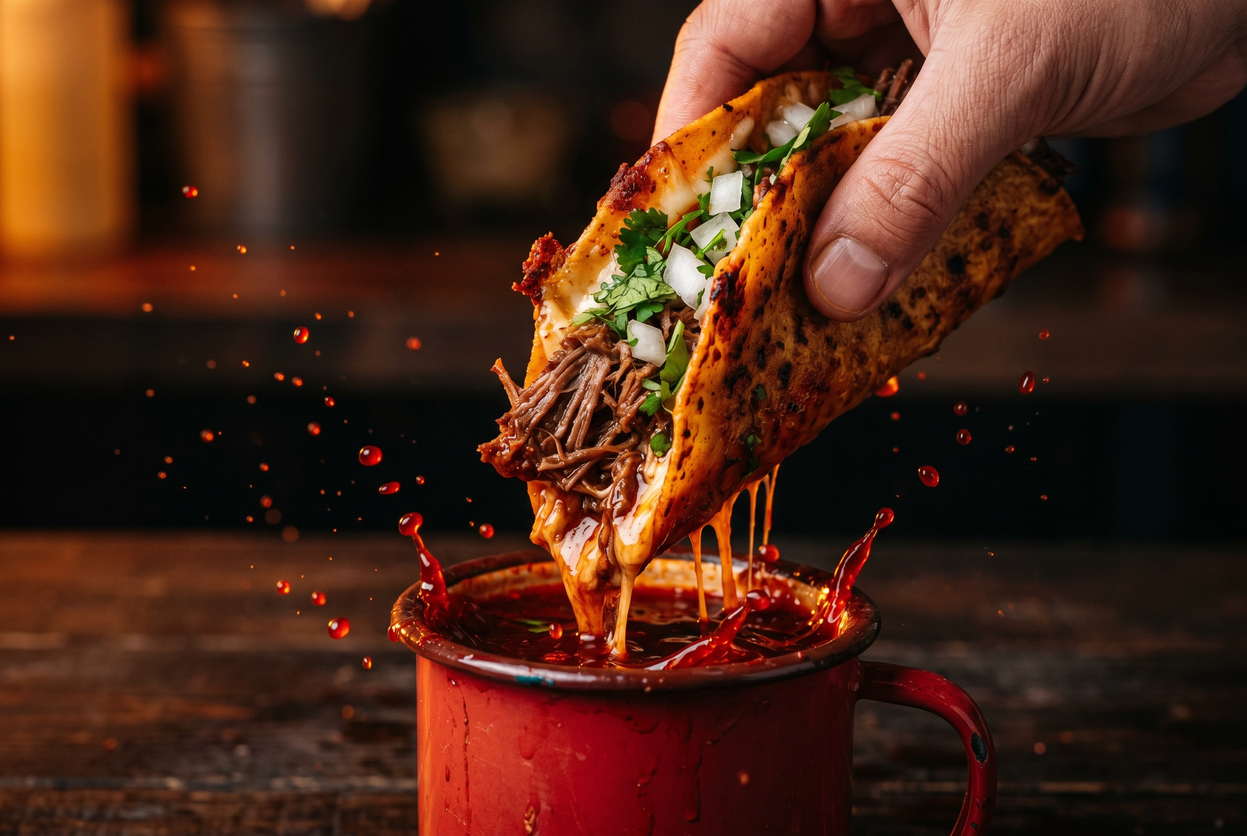 Macro close-up of a quesabirria taco being dipped into red consommé with broth splashing and melted cheese strands in dramatic lighting