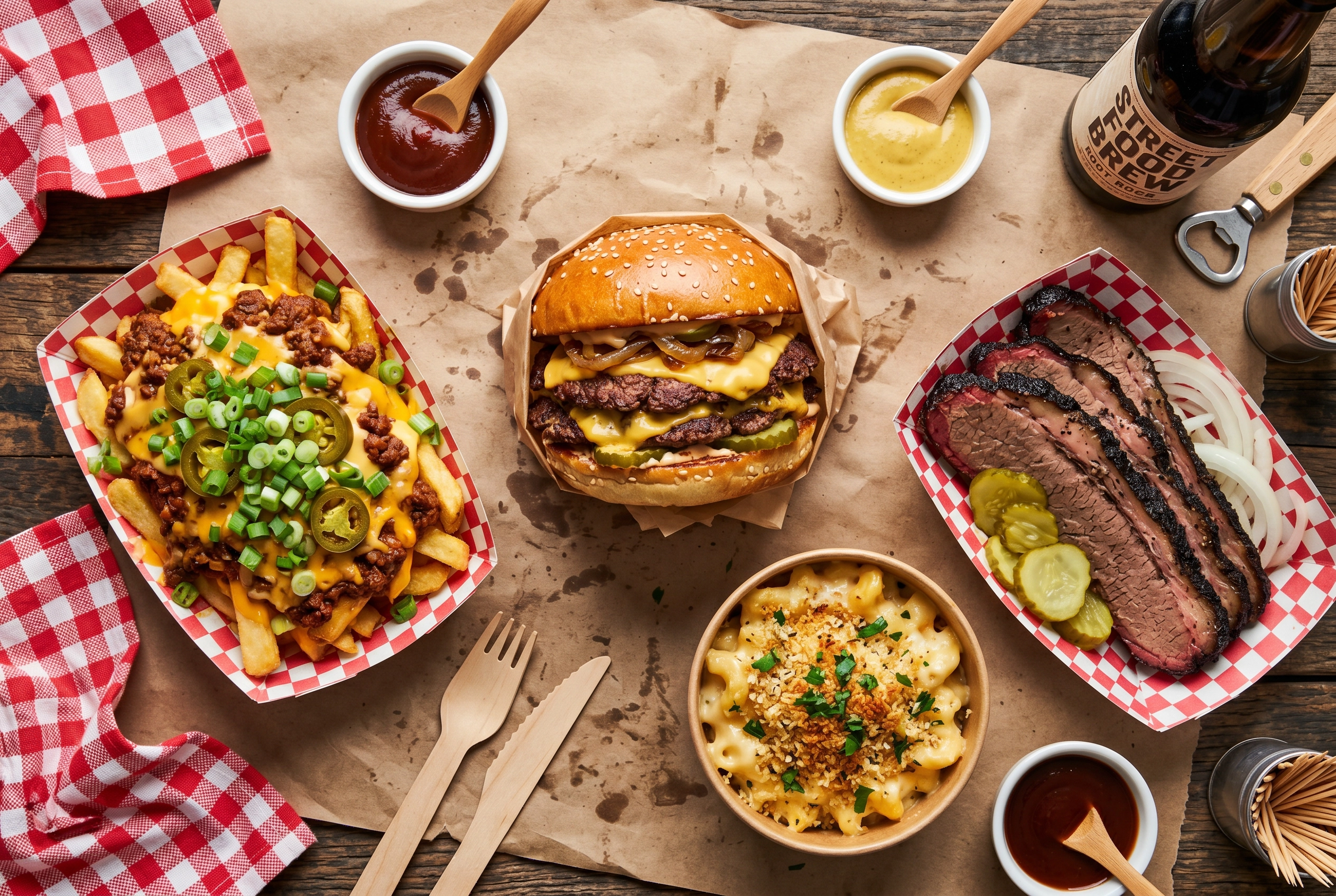 Overhead flat-lay of classic American food truck menu items including smash burger, chili cheese fries, sliced brisket, and mac and cheese on kraft paper