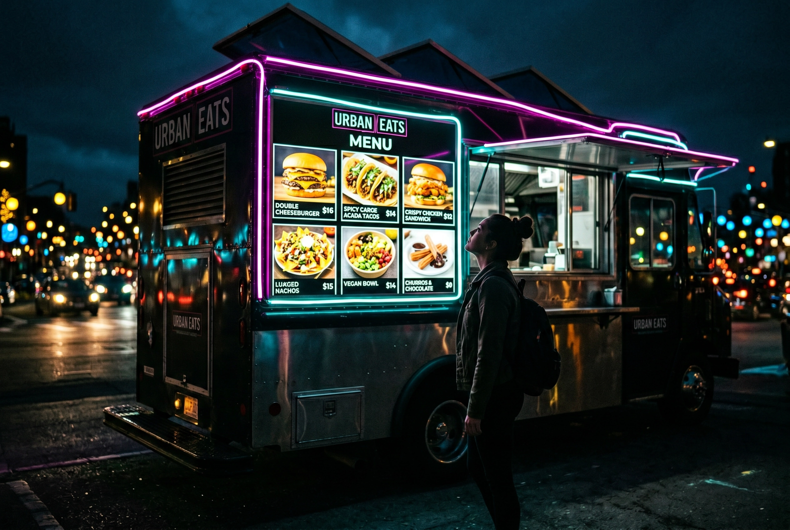 Customer silhouette looking up at an illuminated food truck menu board at night with glowing backlit photographs of dishes