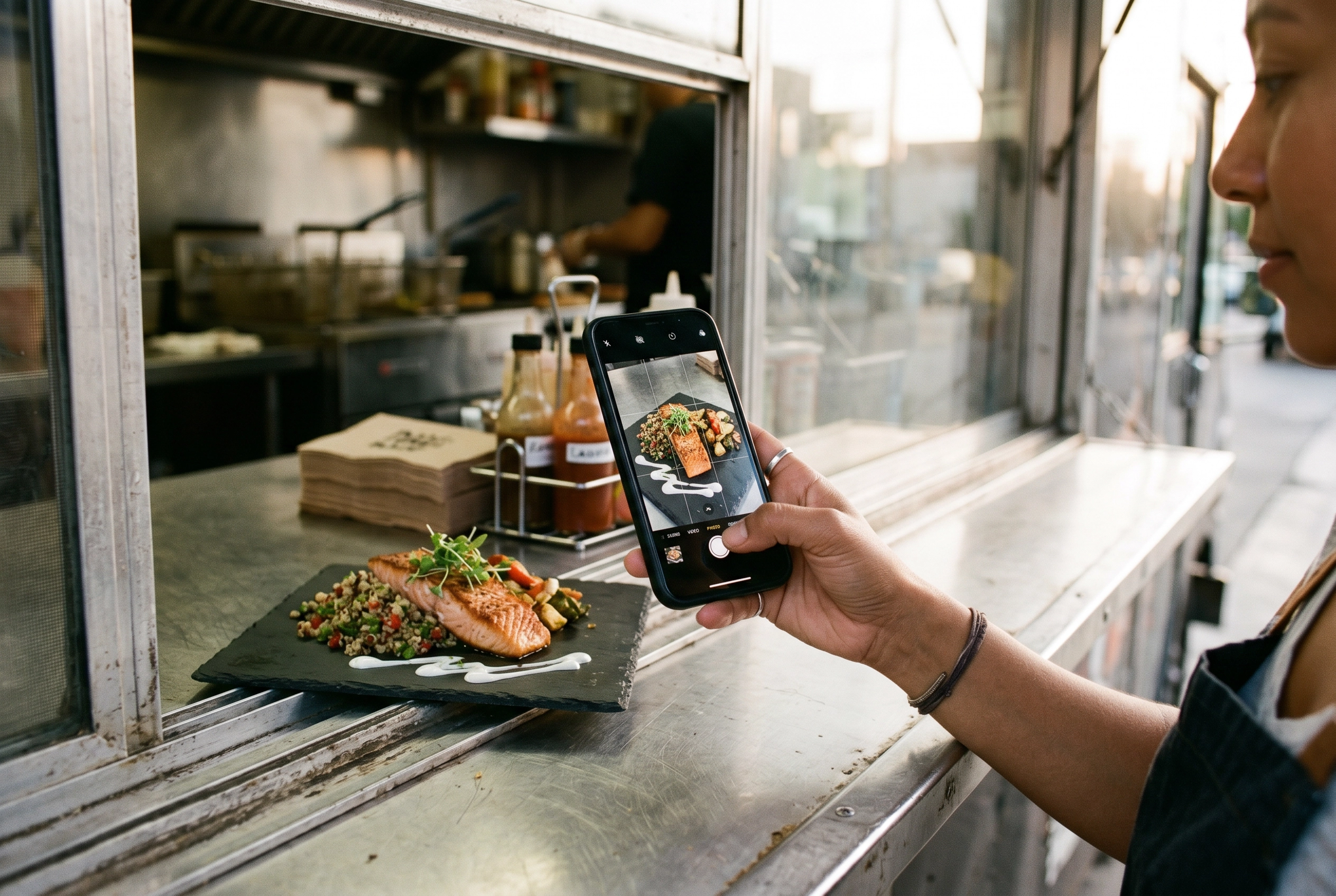 Food truck owner's hand holding a smartphone to photograph a plated signature dish on the serving window counter in soft daylight
