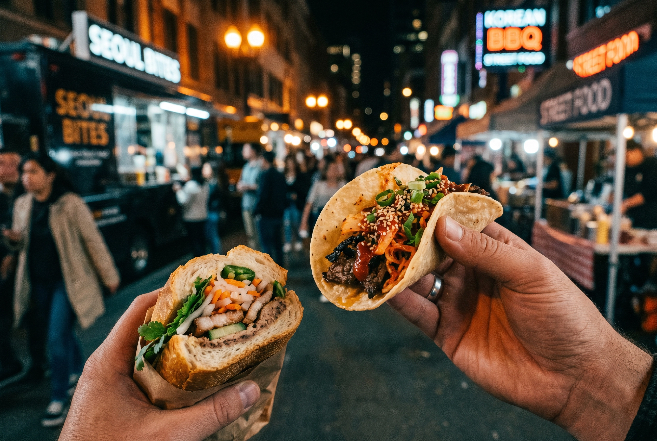 First-person view of hands holding a Korean BBQ taco and banh mi sandwich with blurred urban food truck street scene in the background