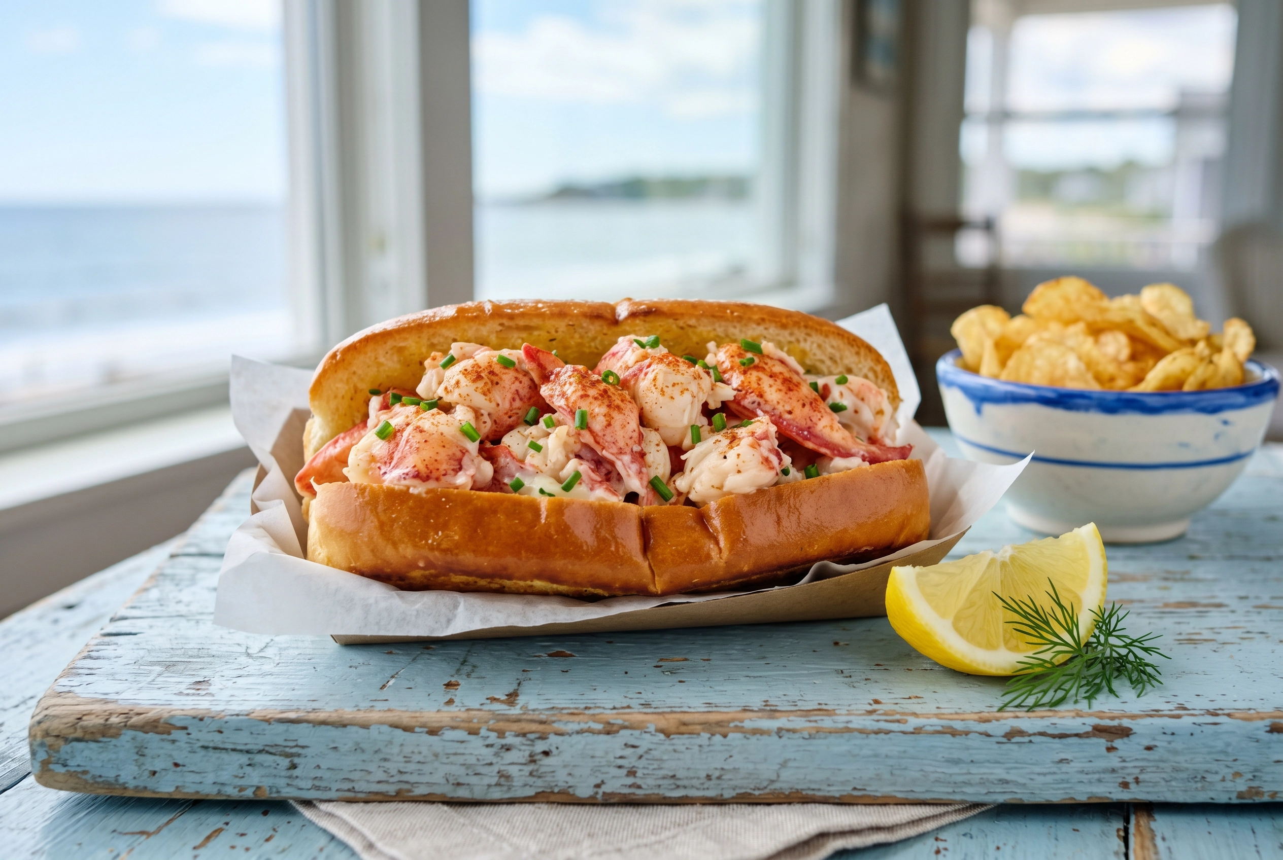 Maine lobster roll on toasted split-top bun with chives and paprika on pale blue wooden board with coastal pastel styling
