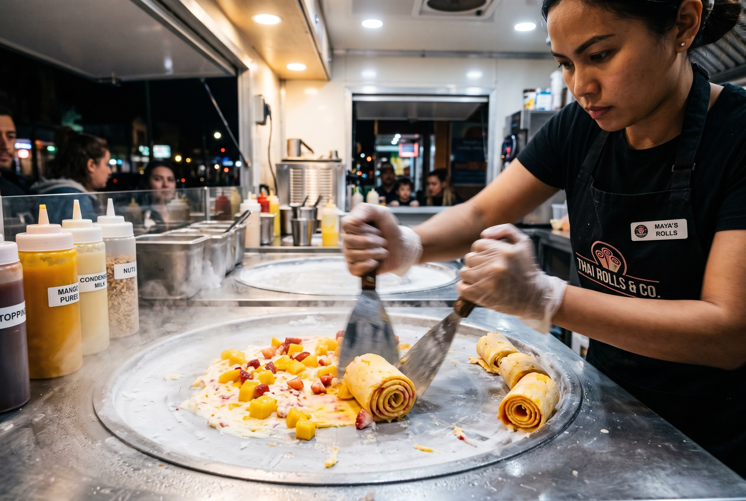 Action shot of a worker rolling Thai-style ice cream on a frozen steel plate with metal scrapers in motion and fruit mixed into the rolls