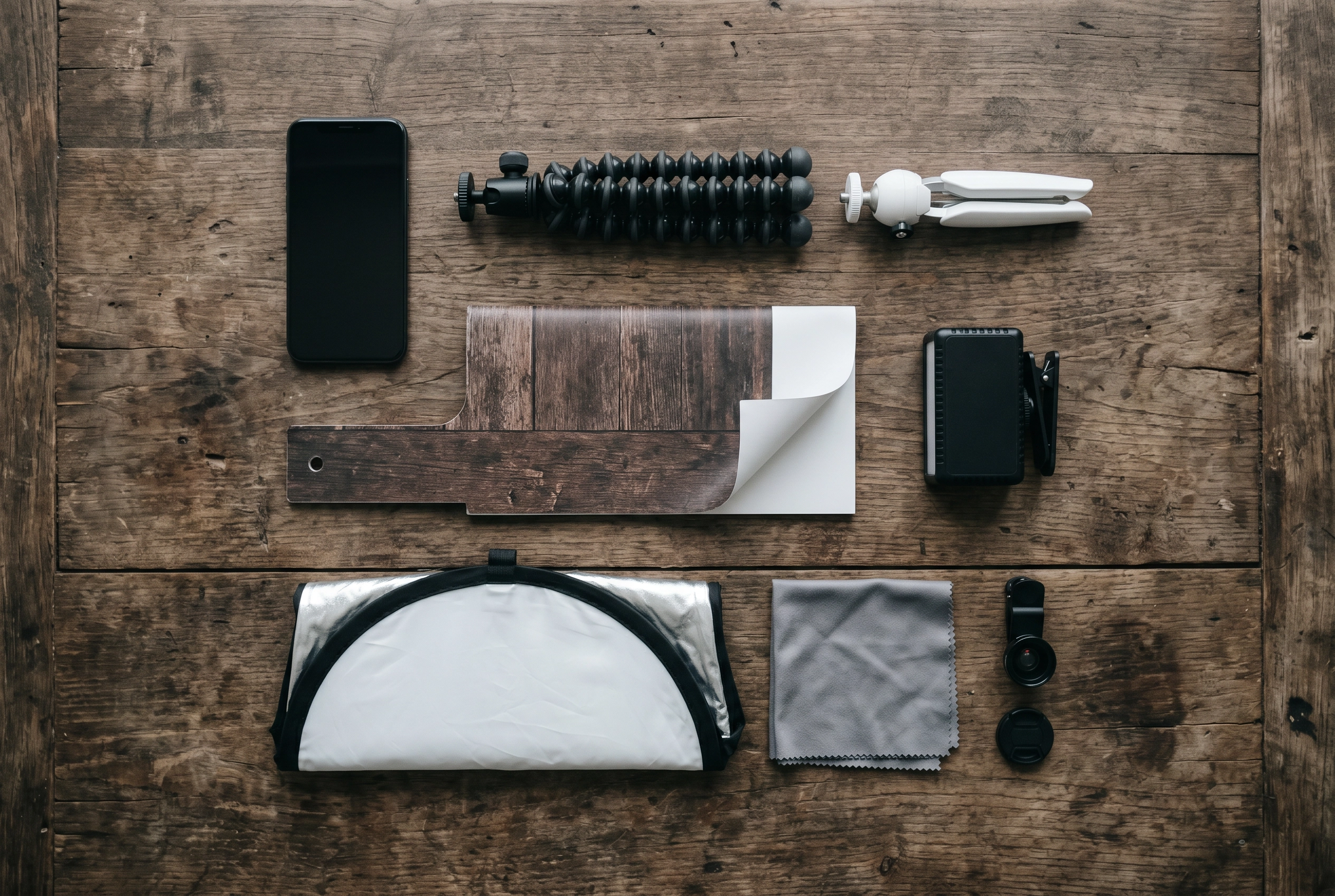 Compact food truck photography kit flat lay with phone, flexible tripod, reflector, clip-on light, foldable backdrop and accessories on wood table