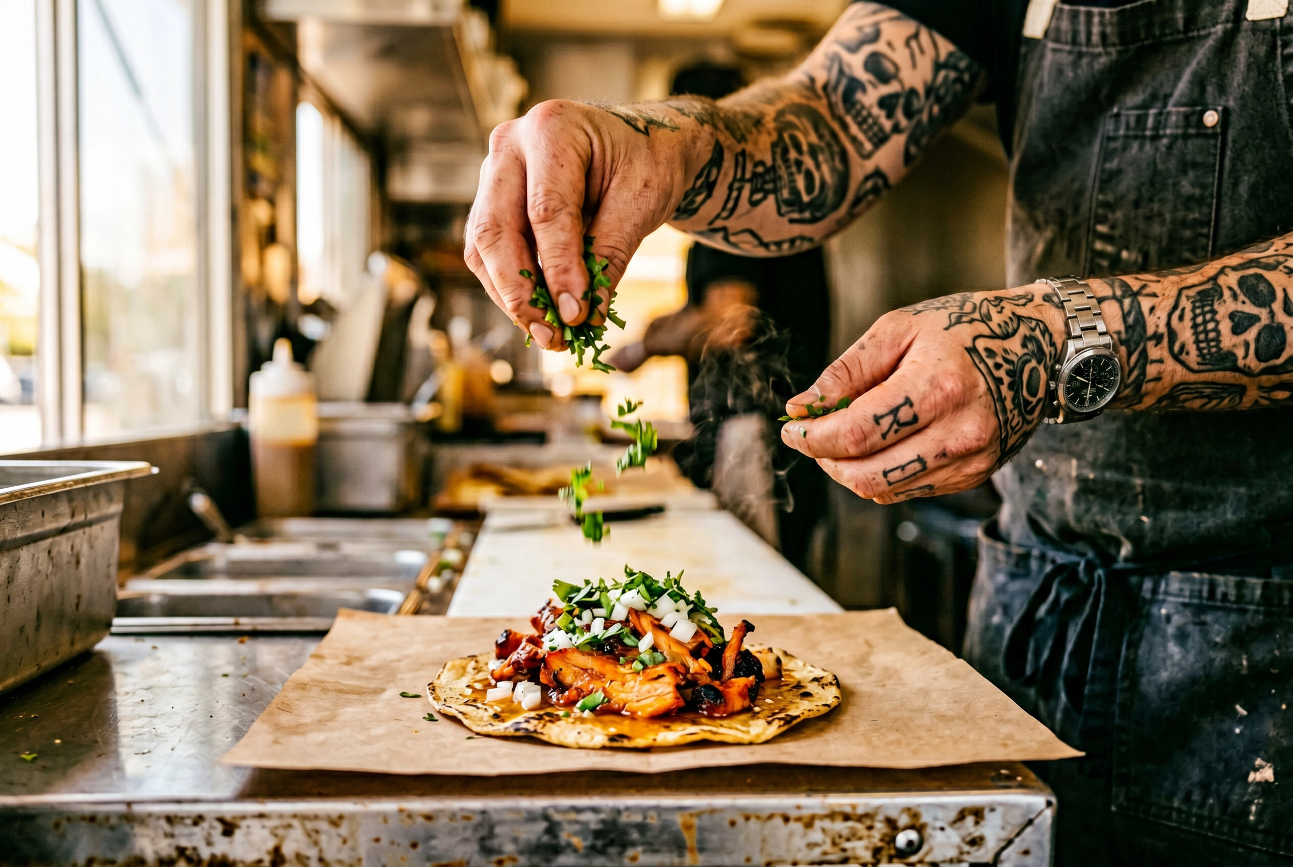 Food truck chef hands plating an al pastor taco with cilantro garnish in motion captured as a behind-the-scenes process shot