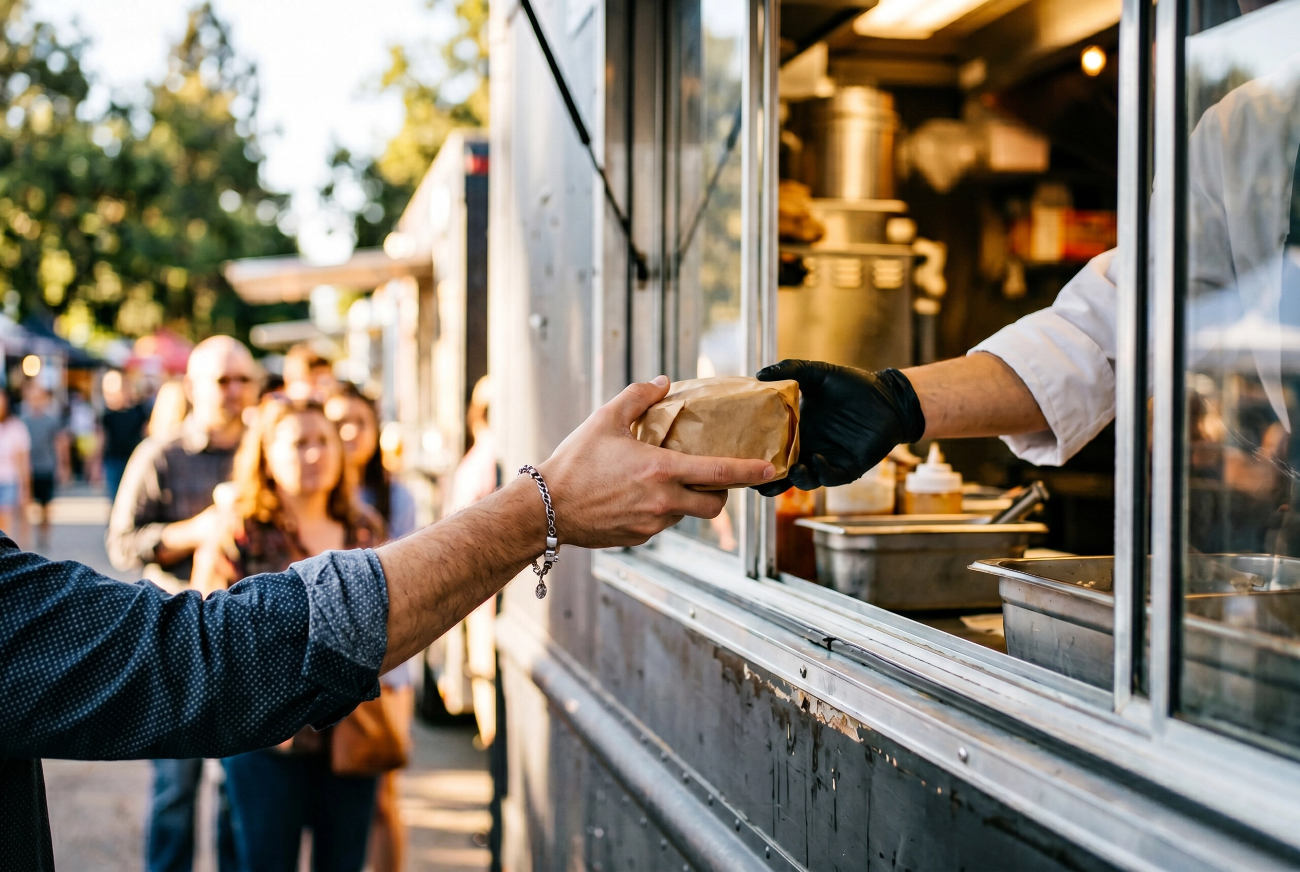 Candid food truck customer action shot of a hand receiving a wrapped rice bowl through the serving window with line visible behind
