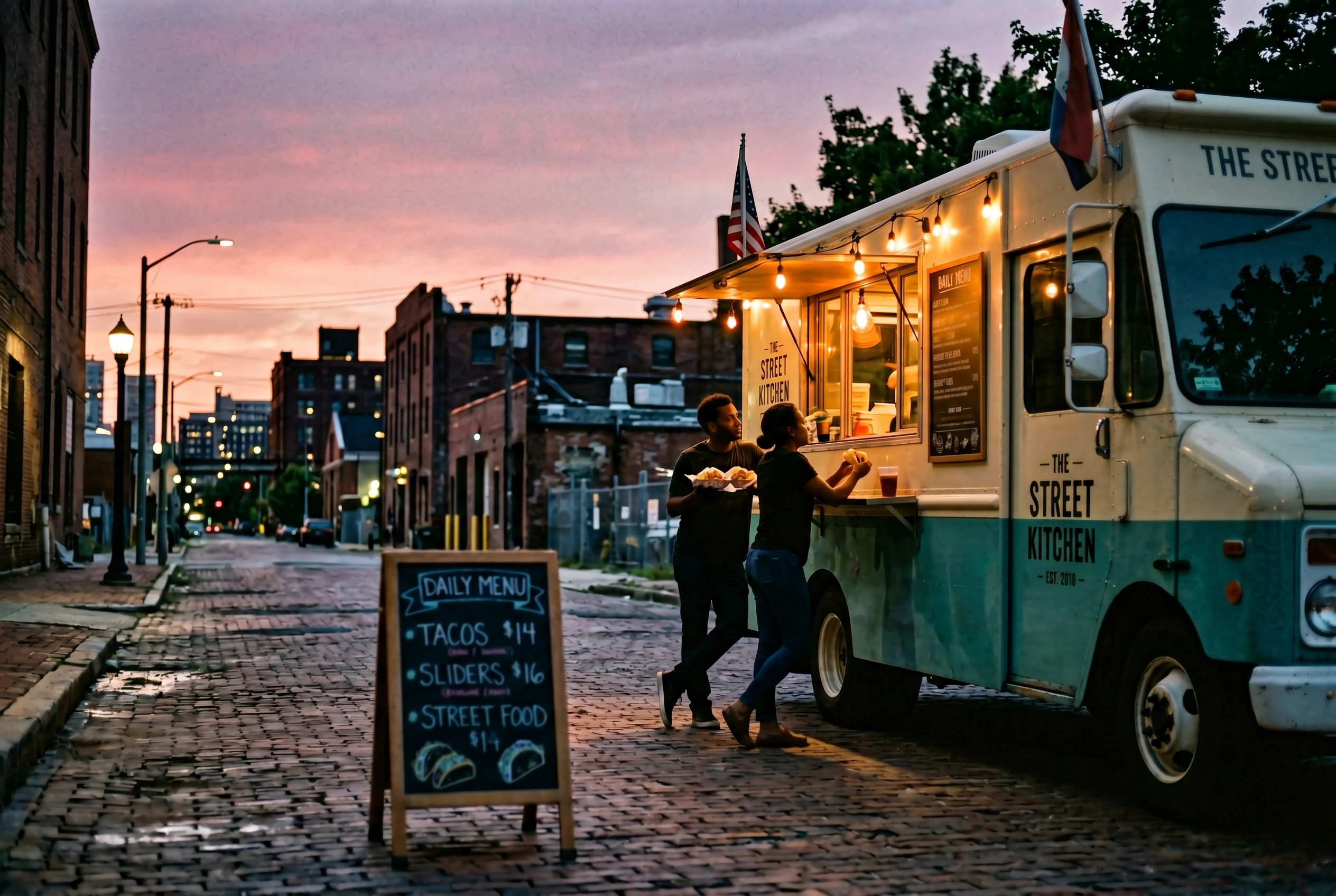 Vintage cream and teal food truck photographed at magic hour from across the street with warm window light and customer silhouettes