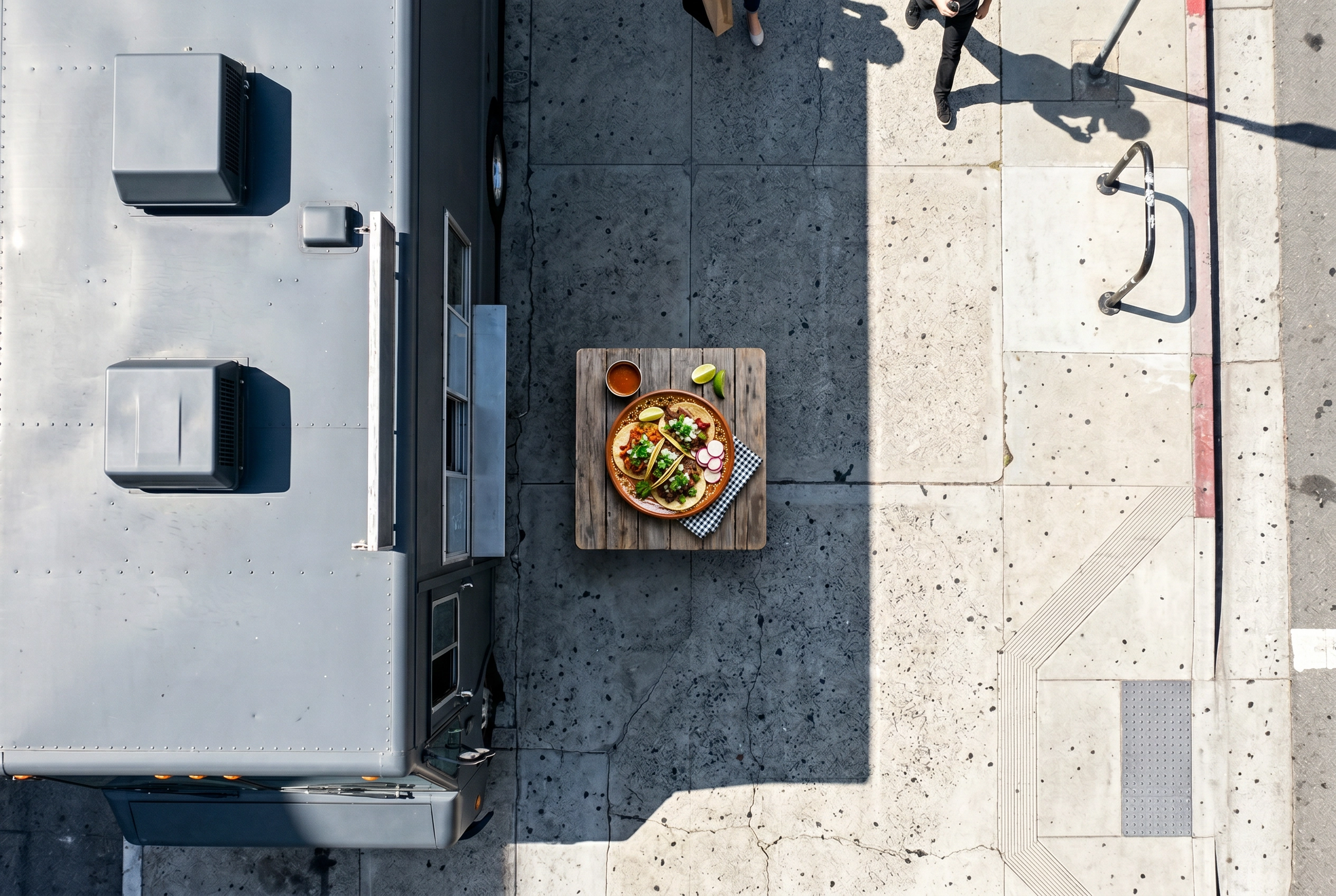 Open shade lighting technique with food truck blocking direct sun and dish positioned in soft indirect light three feet from truck edge