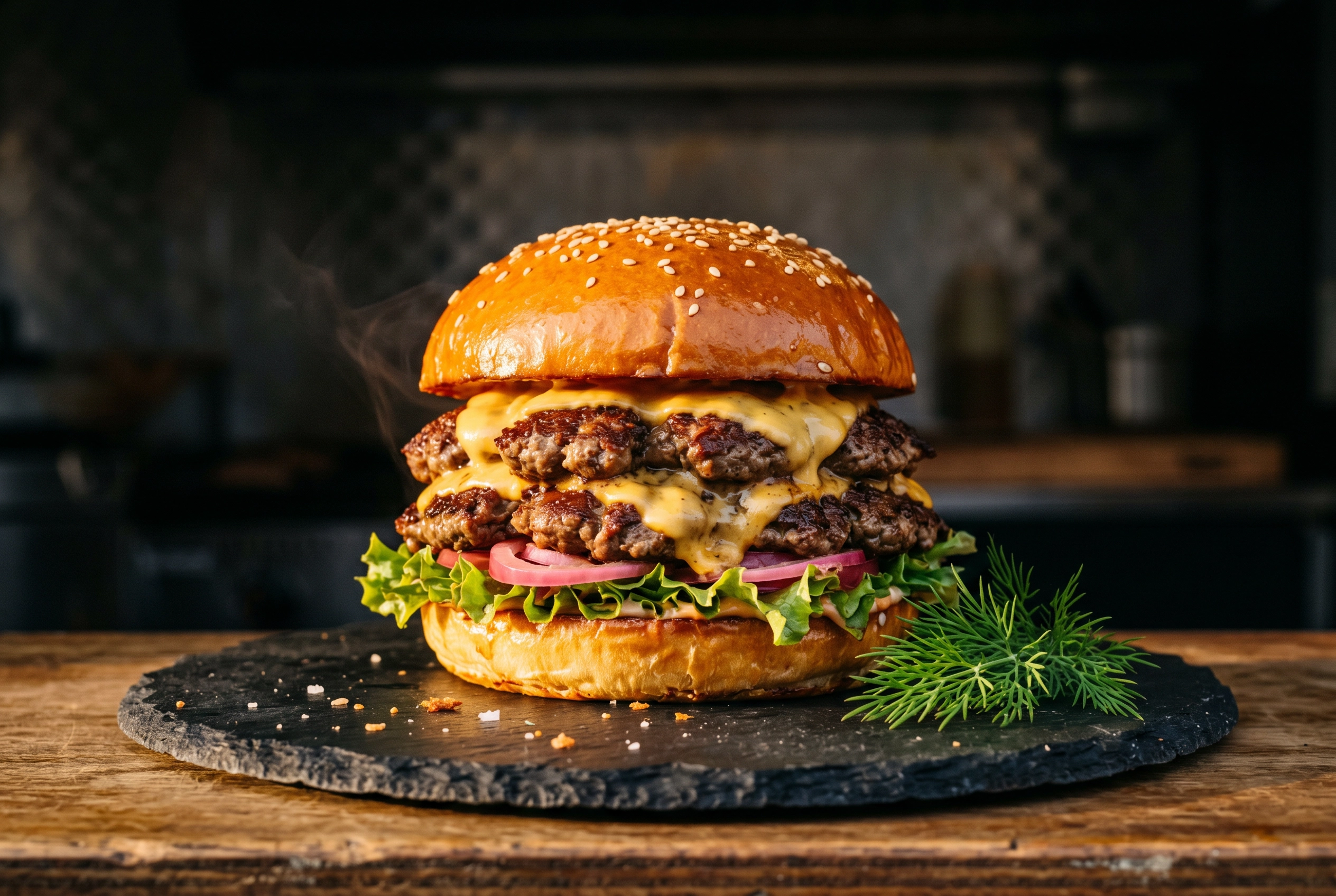Signature dish hero shot of a stacked double smash burger photographed at 45 degrees with dramatic side lighting on dark slate plate