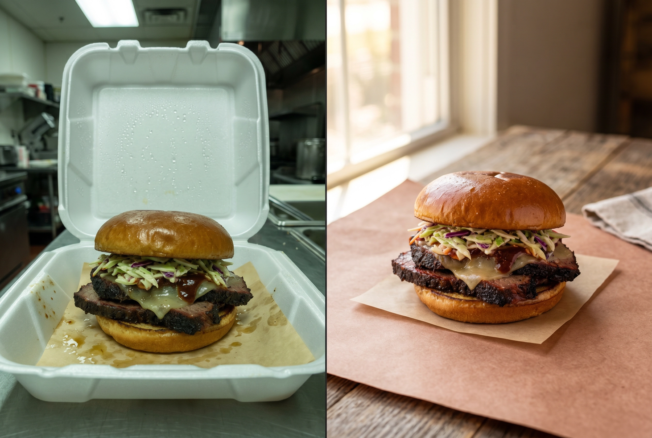 Food truck photo comparison showing brisket sandwich in styrofoam container with bad lighting versus the same sandwich plated on butcher paper in natural light