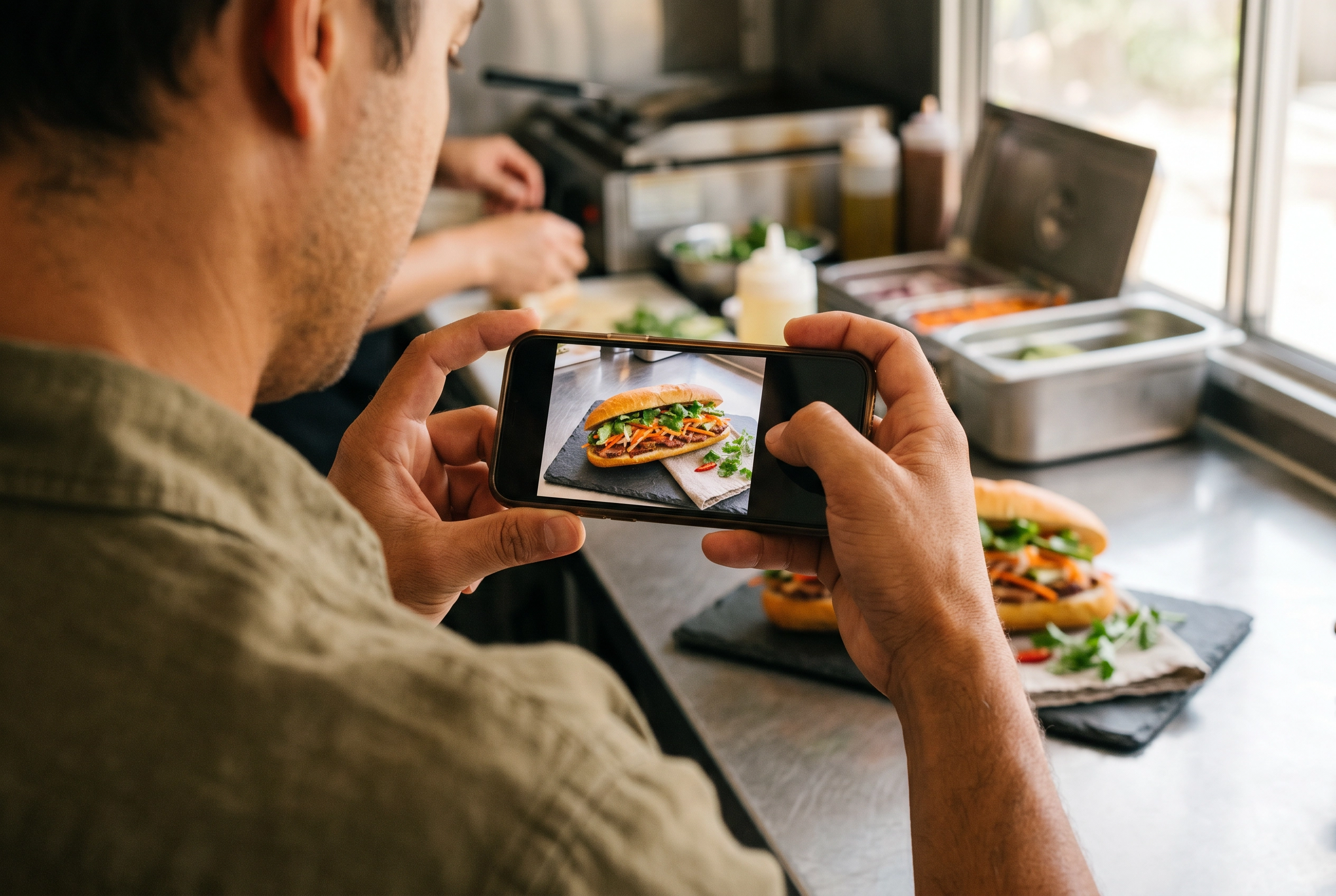 Hands holding a smartphone tapping to focus on a banh mi sandwich for food truck photography demonstrating the phone camera setup