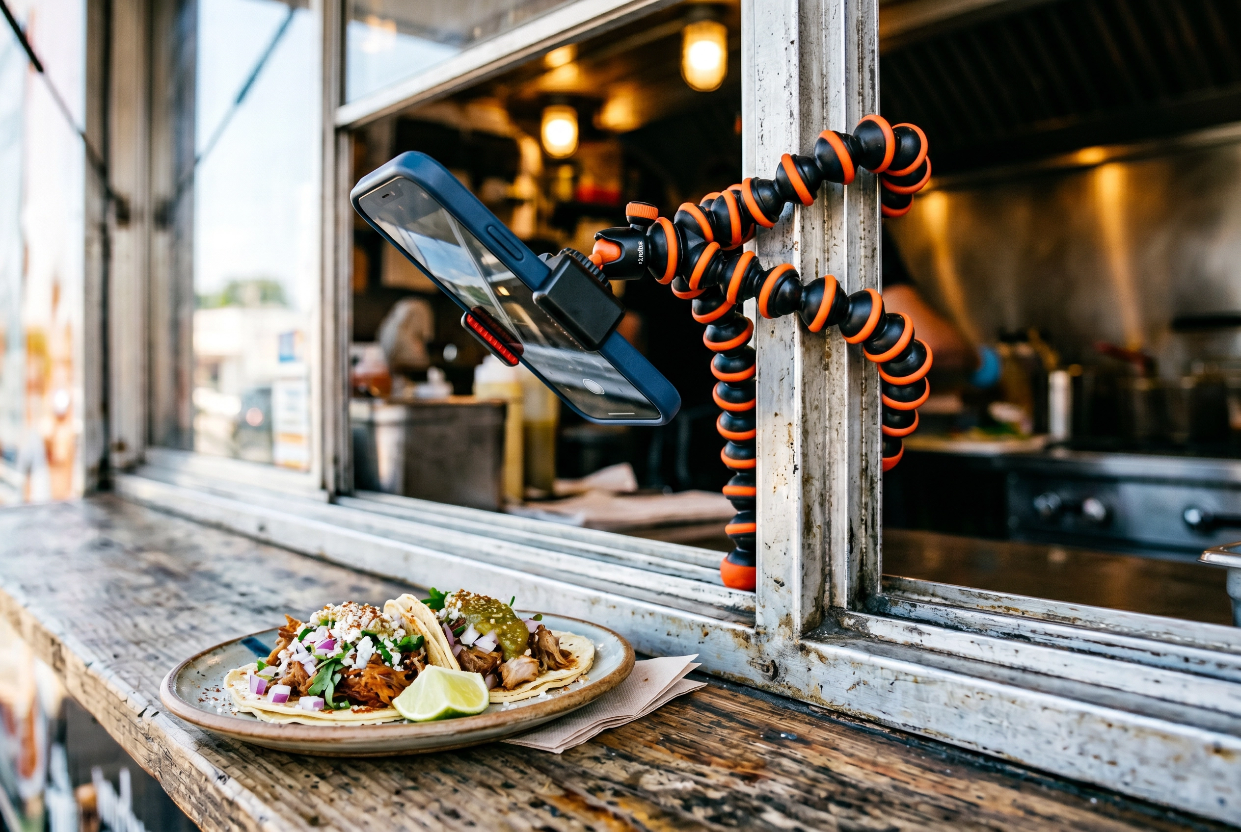 Flexible phone tripod wrapped around food truck serving window frame with smartphone photographing styled taco plate on the window ledge