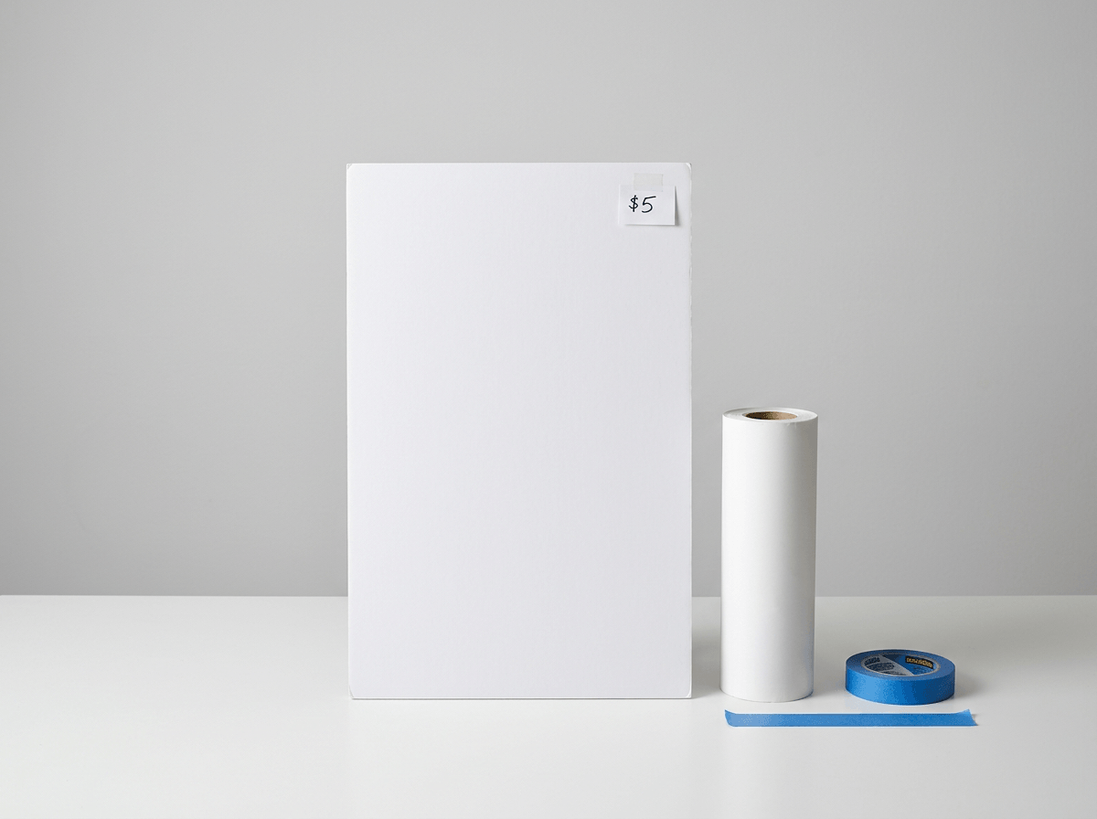 Budget food photography supplies including white foam board and seamless paper under five dollars