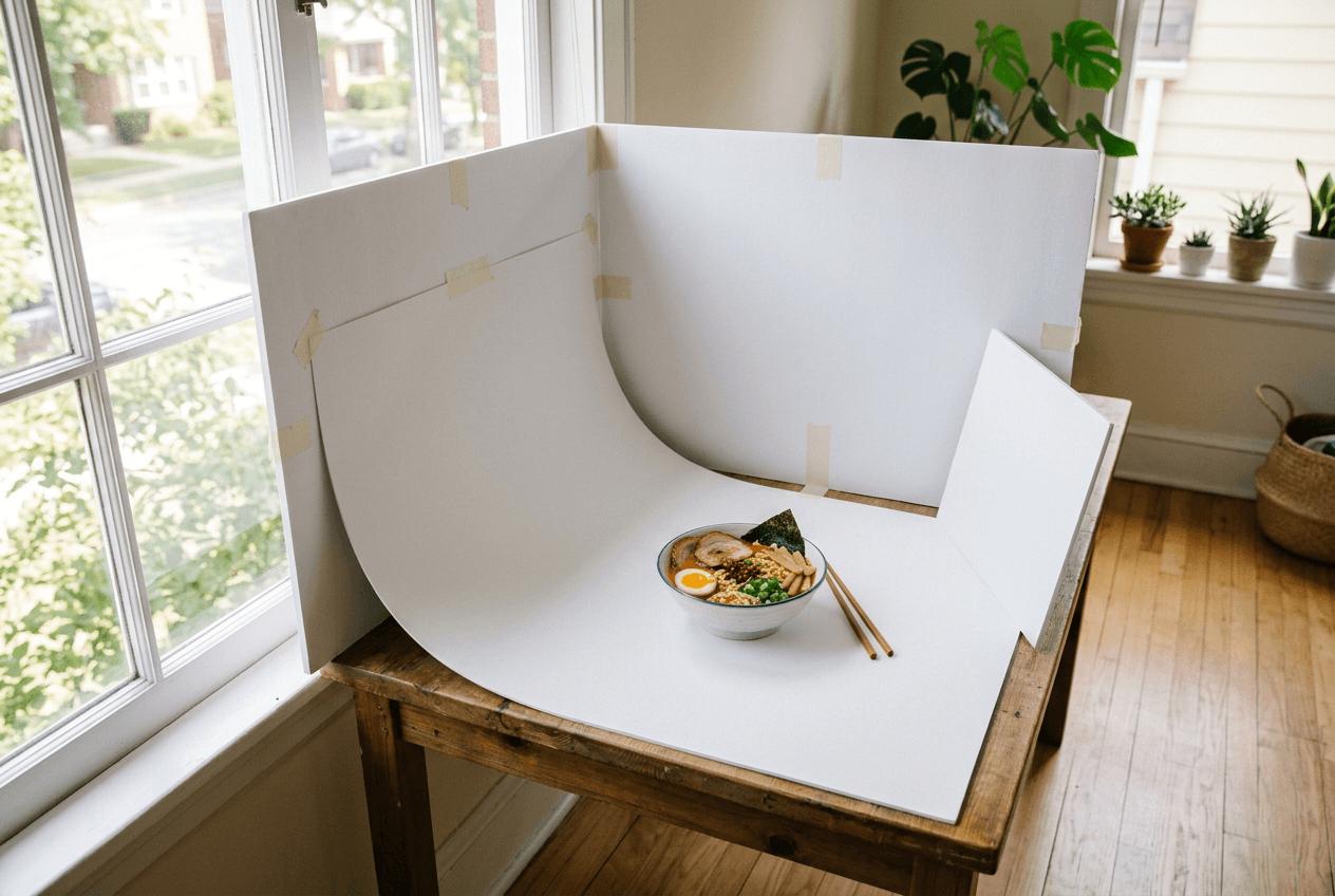 DIY foam board white background setup near window for food photography with bounce card and seamless sweep