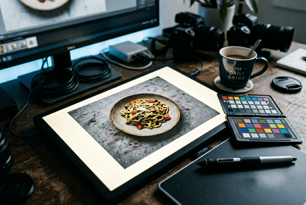 Food photo print with gray background on photographer workspace showing before post-processing editing