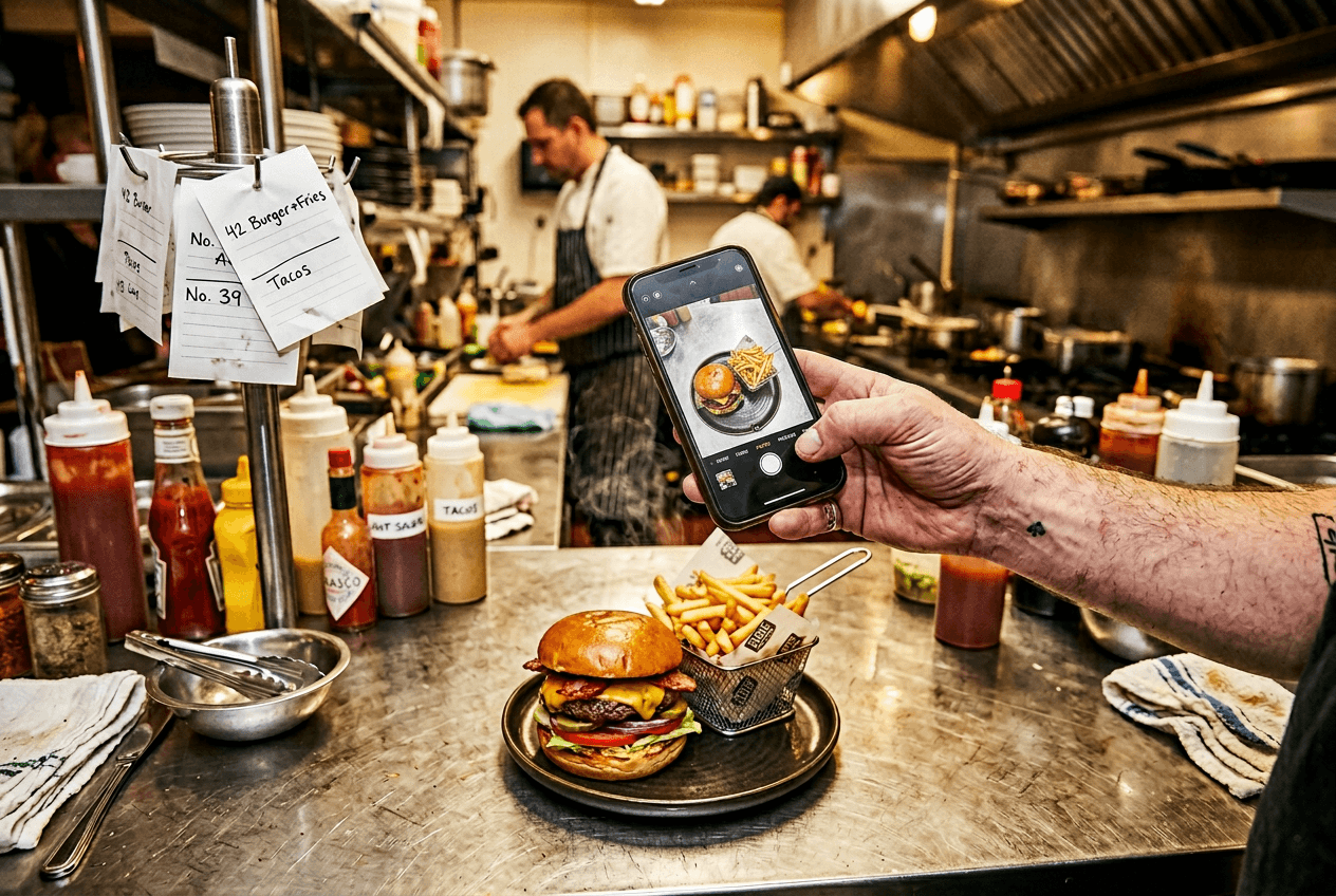 Restaurant owner snapping a food photo with smartphone on busy kitchen counter before AI background replacement