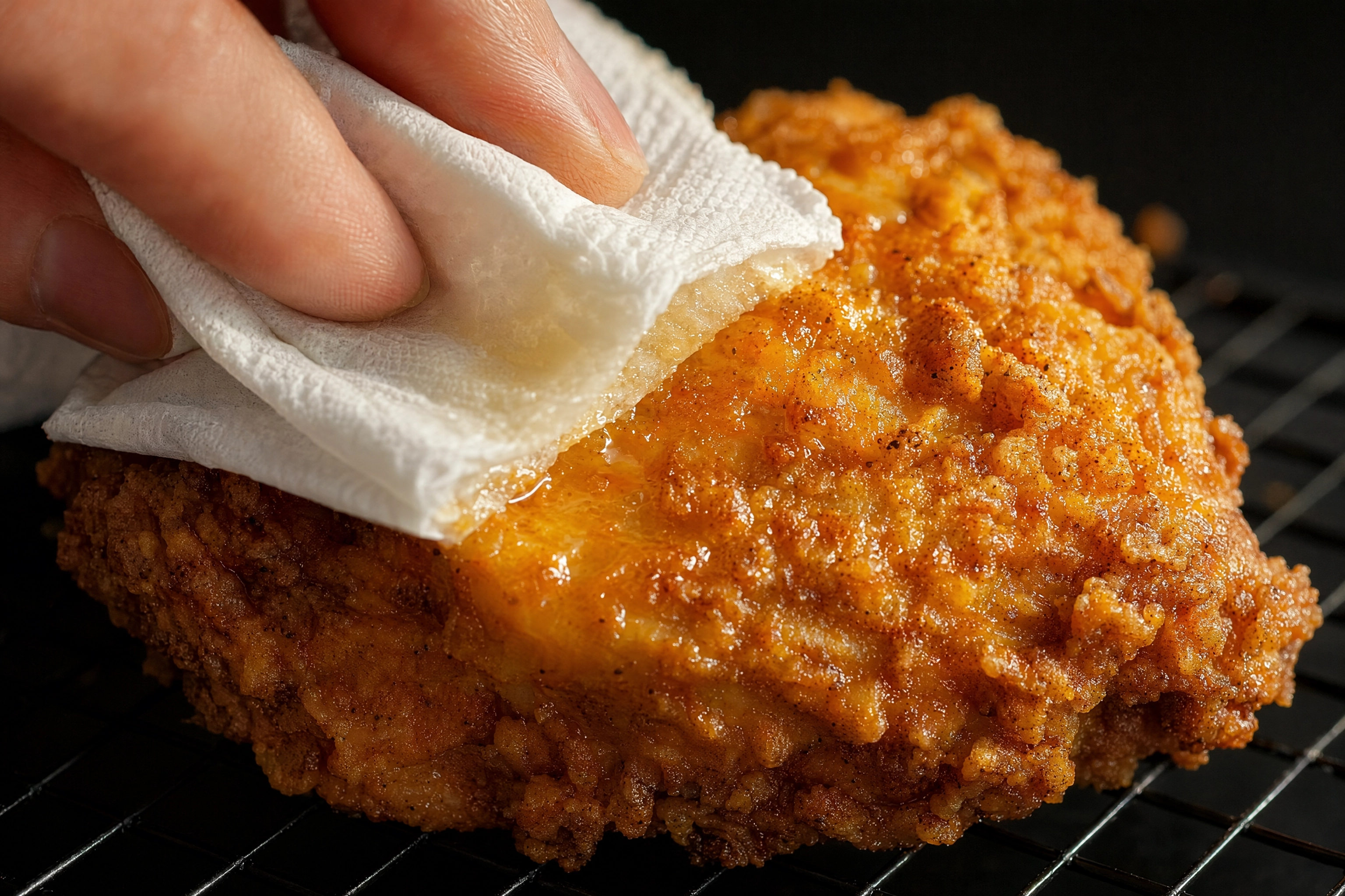 A paper towel blotting excess oil off a craggy golden fried chicken thigh to control the greasy sheen