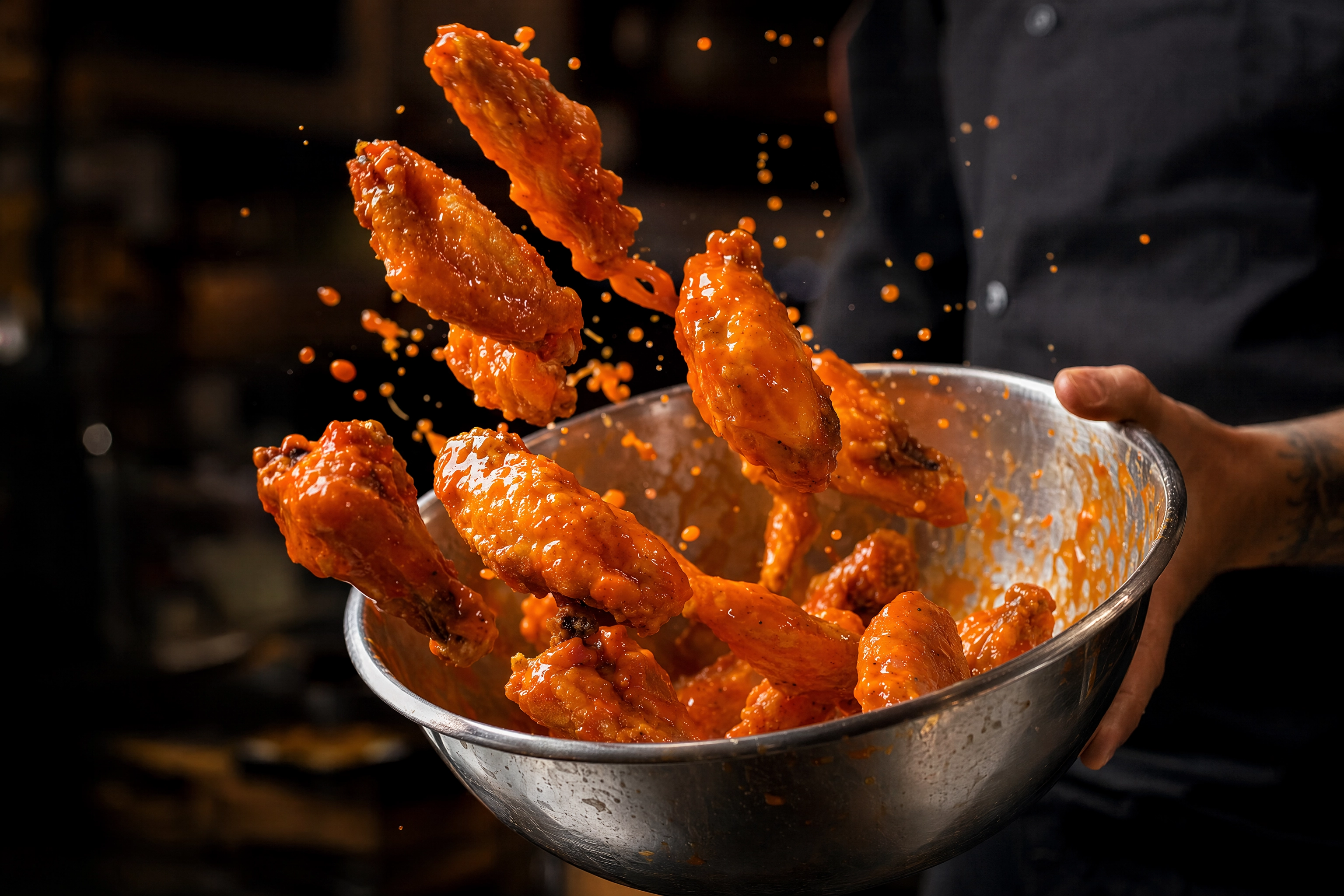 Crispy chicken wings tossed mid-air in a steel bowl coated with a light glossy layer of bright-orange buffalo sauce