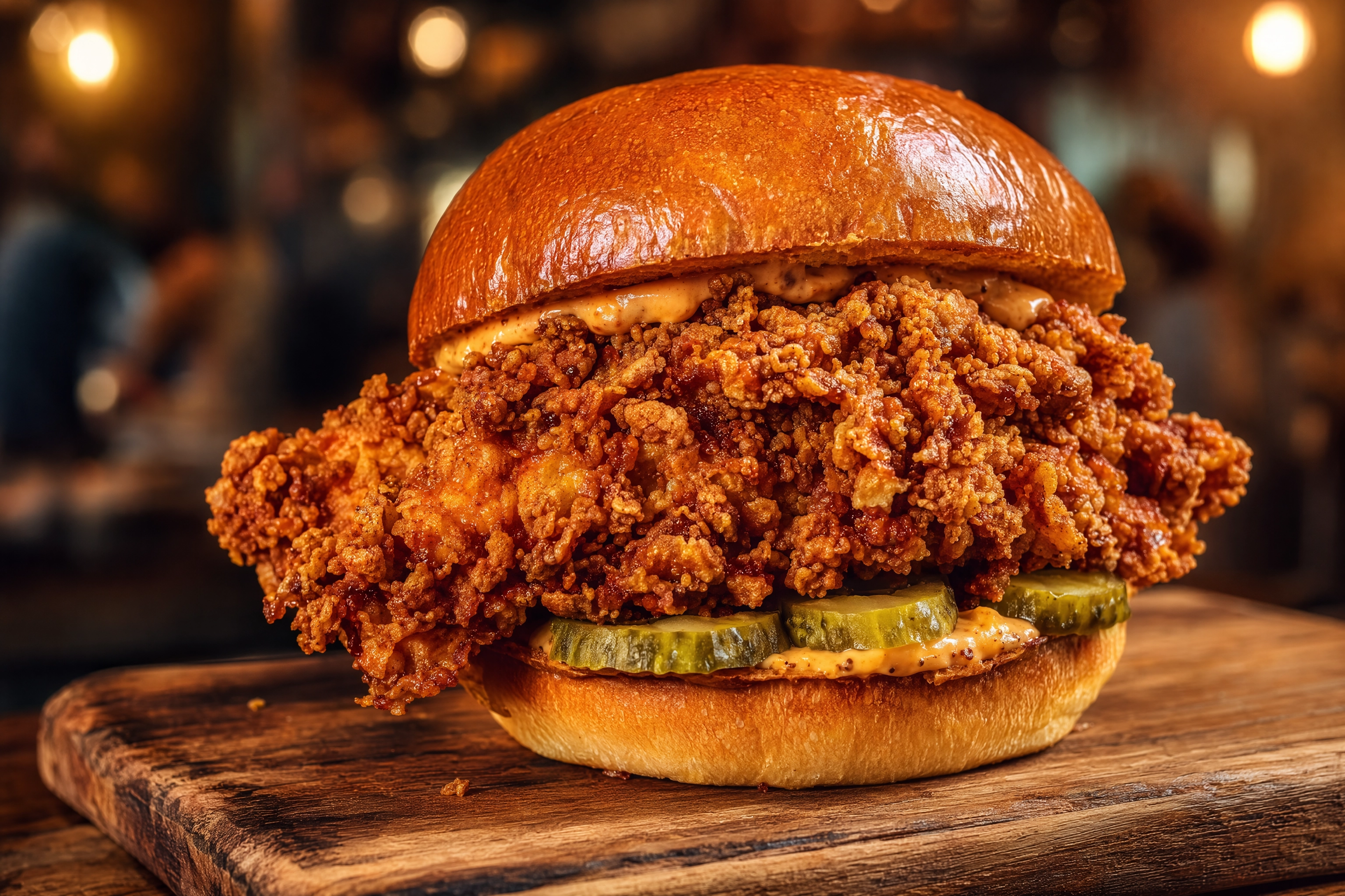Towering crispy fried chicken sandwich with a craggy cutlet overhanging a toasted brioche bun and peeking pickles