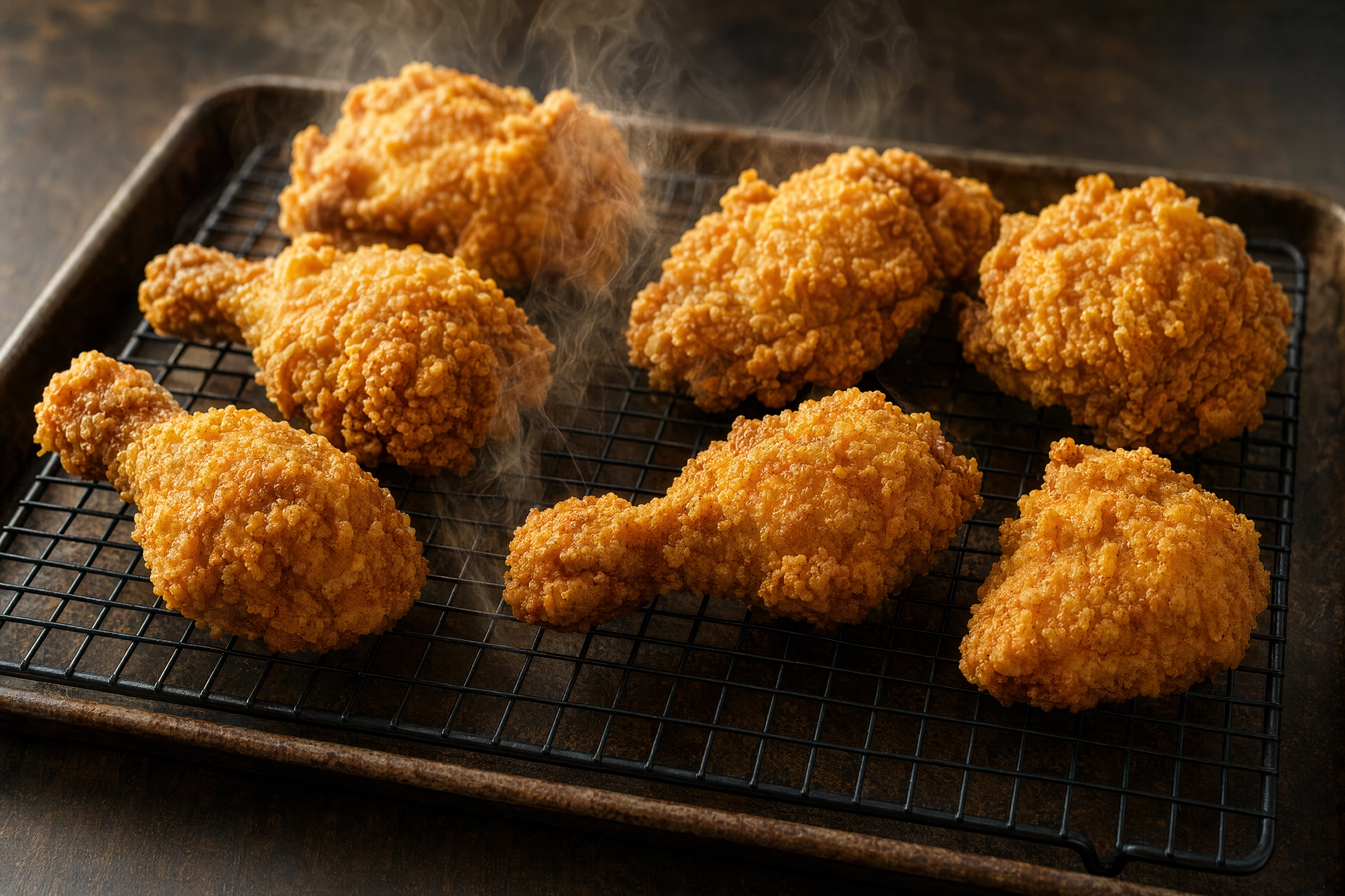 Freshly fried chicken pieces spaced on a black wire cooling rack with steam escaping to keep the crust crisp