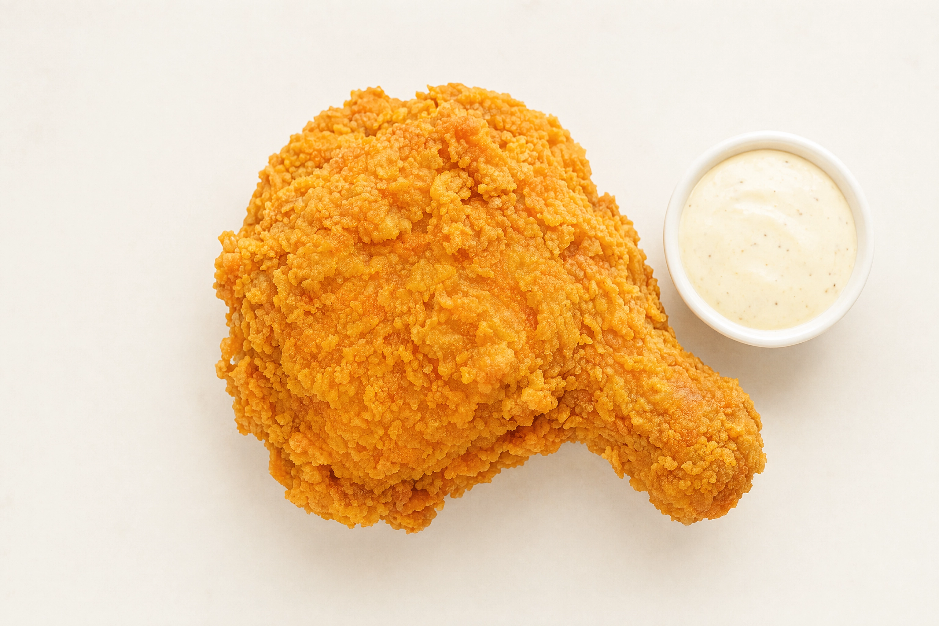 Bright, clean, centered overhead fried chicken photo with a small dip ramekin, styled for a delivery app menu tile