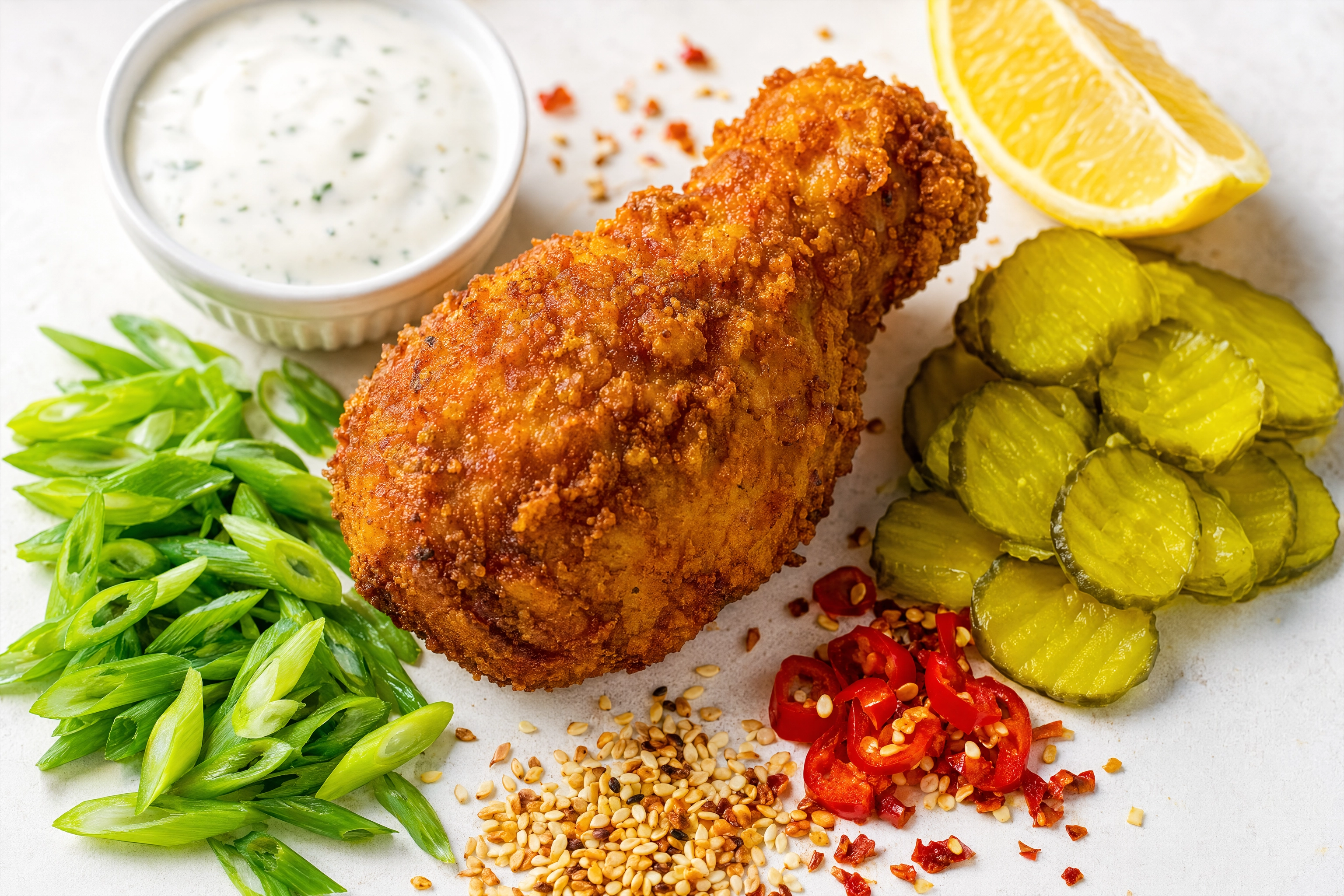 Crispy golden fried chicken drumstick surrounded by bright pickles, scallion, lemon and a ranch ramekin for color contrast