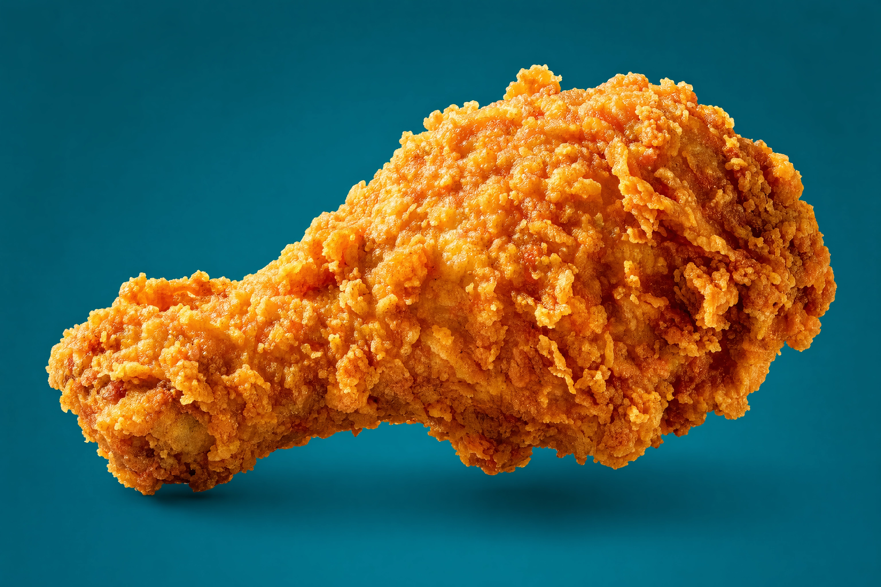 Bold high-resolution single fried chicken piece on a saturated deep-teal background styled for a backlit menu board