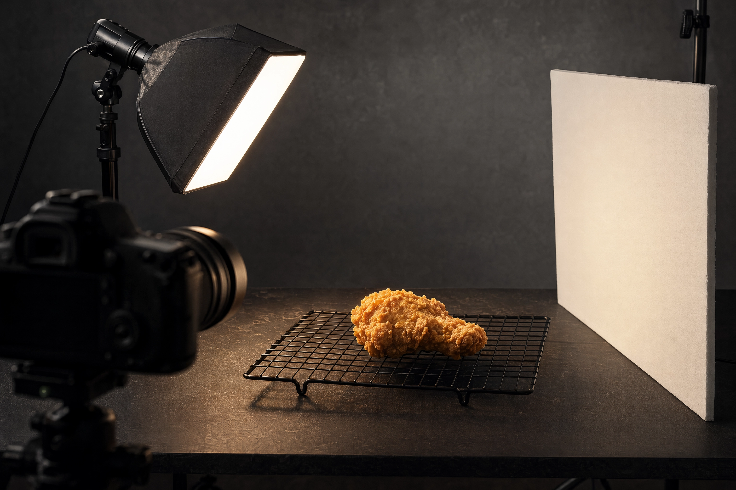 Studio lighting setup for fried chicken photography with a softbox raking from the side and a white bounce board opposite