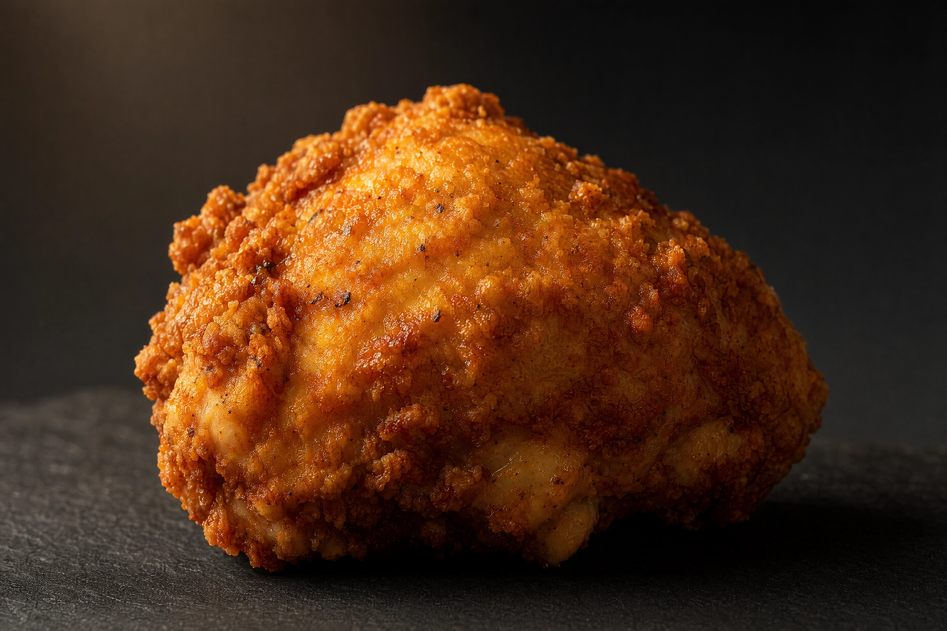 Side-lit fried chicken thigh on dark slate showing a soft satin sheen on the ridges, the ideal appetizing not-greasy look