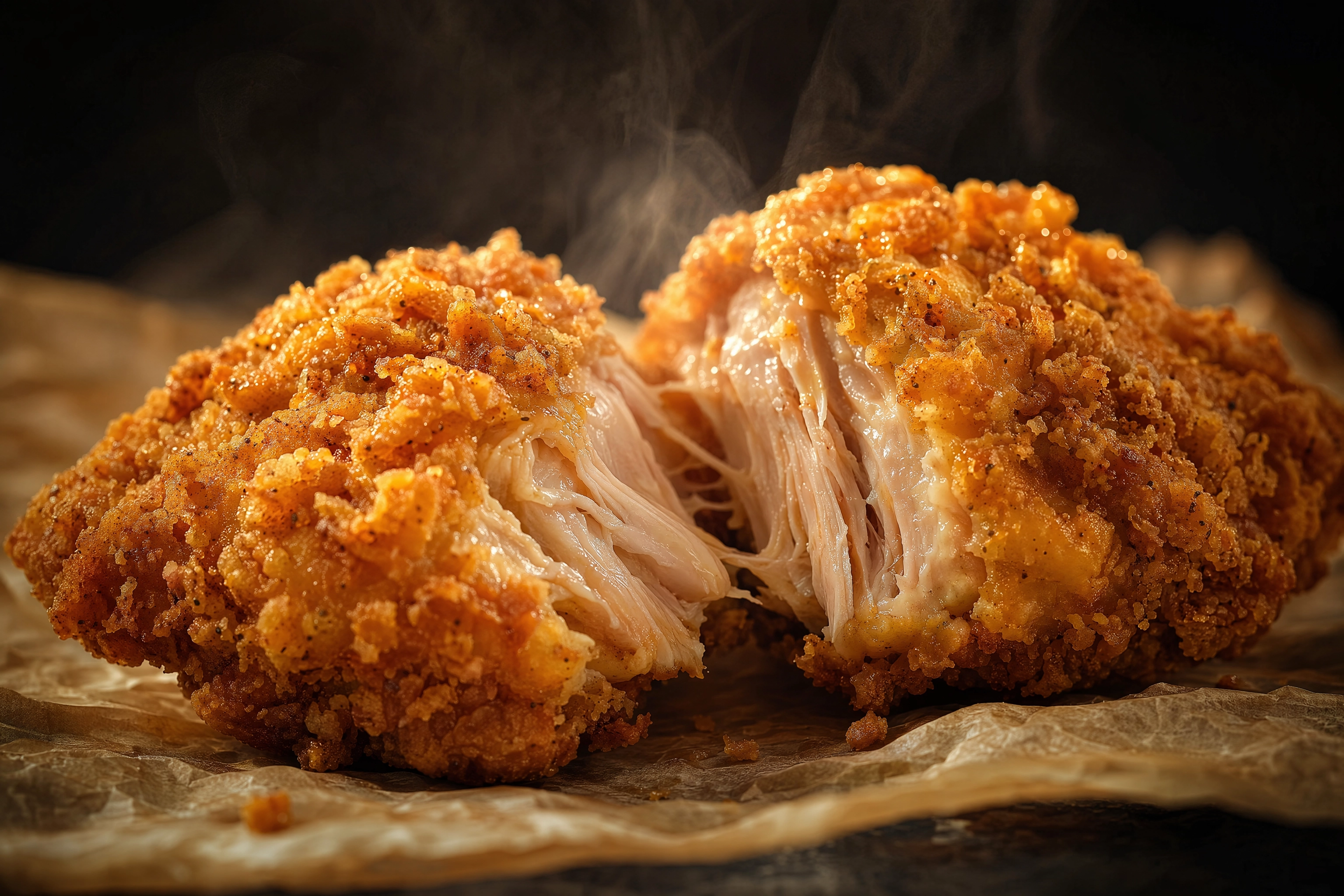 A fried chicken thigh torn open to reveal juicy interior meat and the thick craggy crust cross-section with a wisp of steam