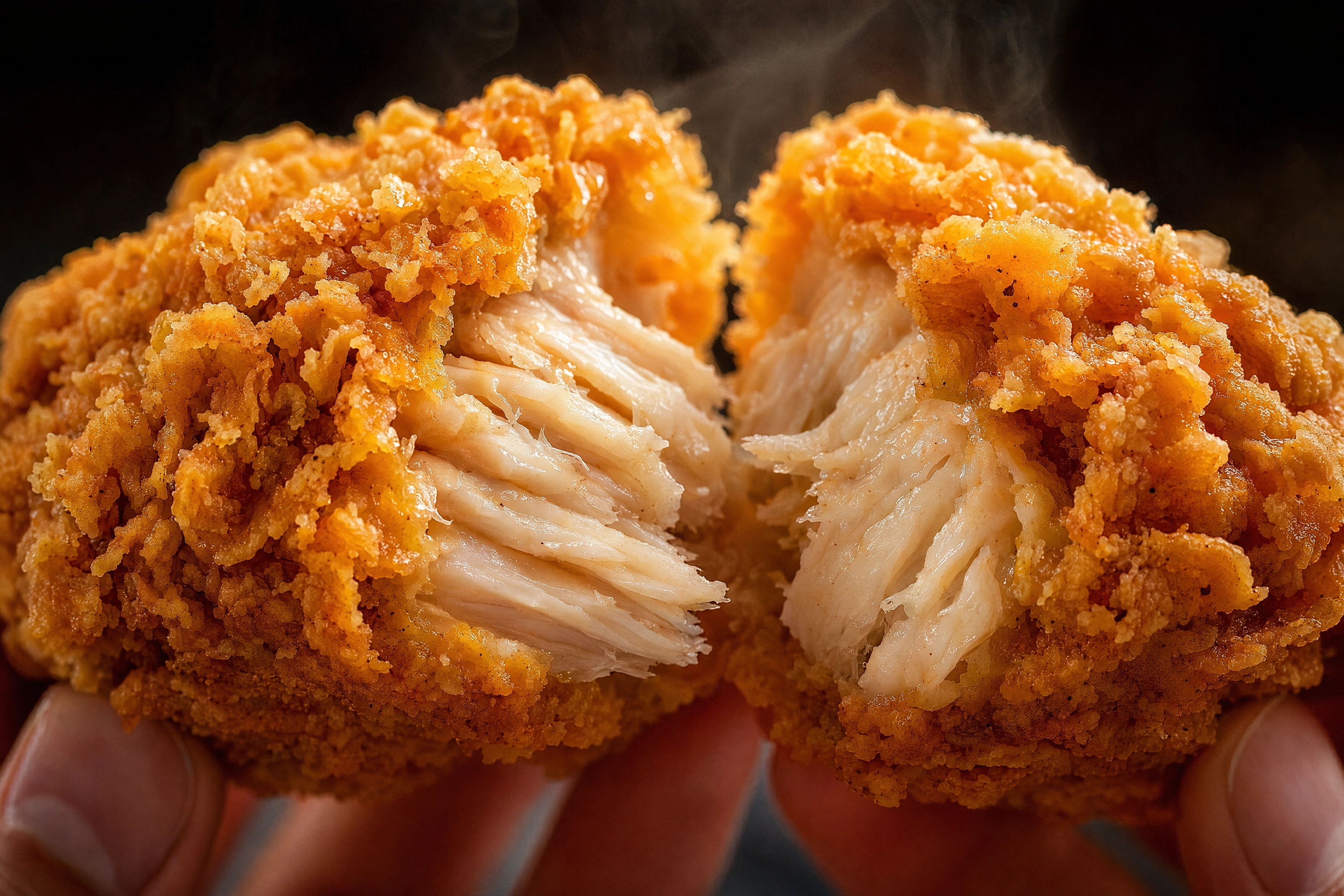Close-up cross-section of a crispy fried chicken tender snapped in half showing the craggy crust and juicy interior