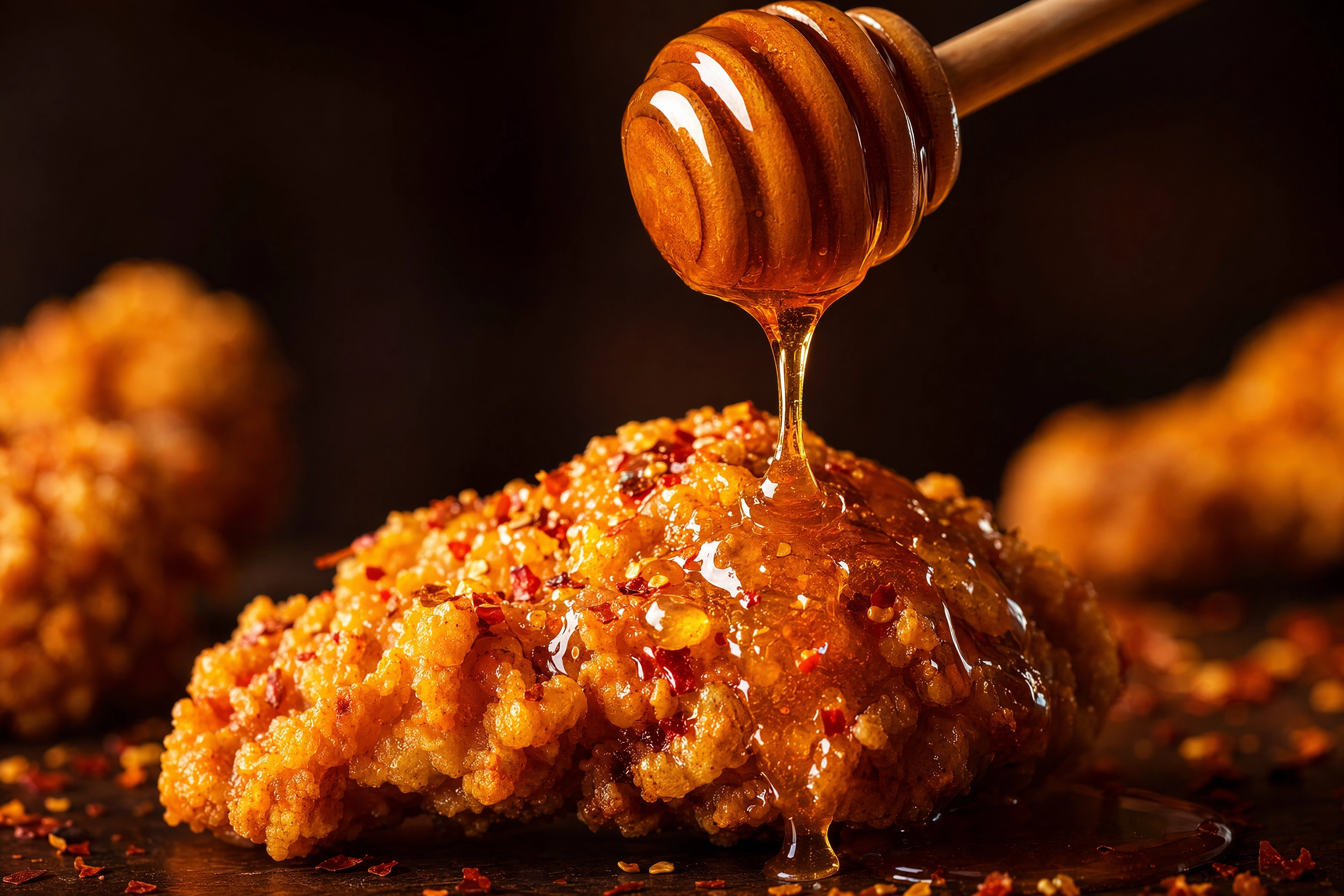 A glossy ribbon of amber hot honey drizzling mid-pour onto craggy golden fried chicken with a scatter of chili flakes