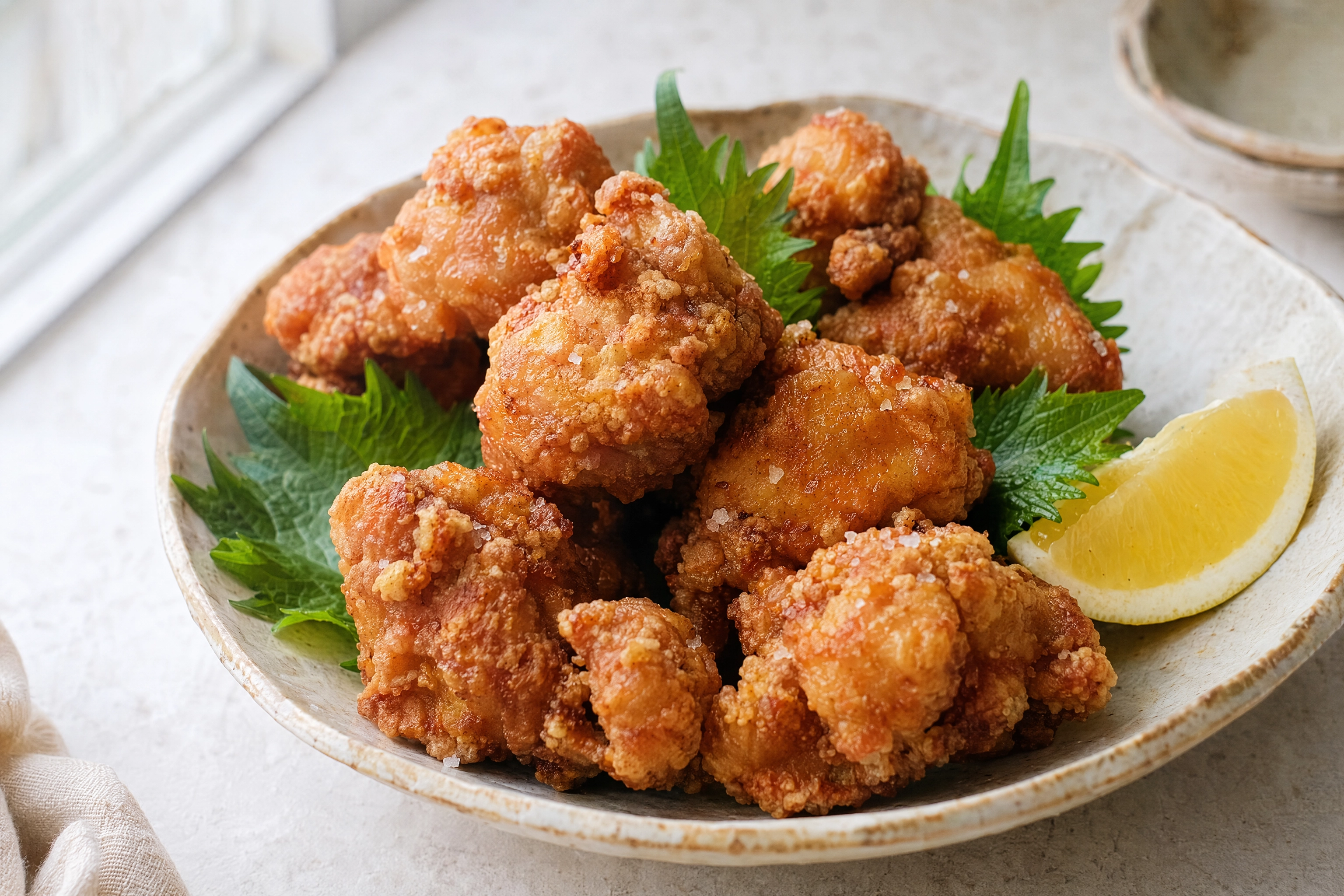 Japanese karaage fried chicken pieces in a ceramic dish with a lemon wedge under soft natural window light