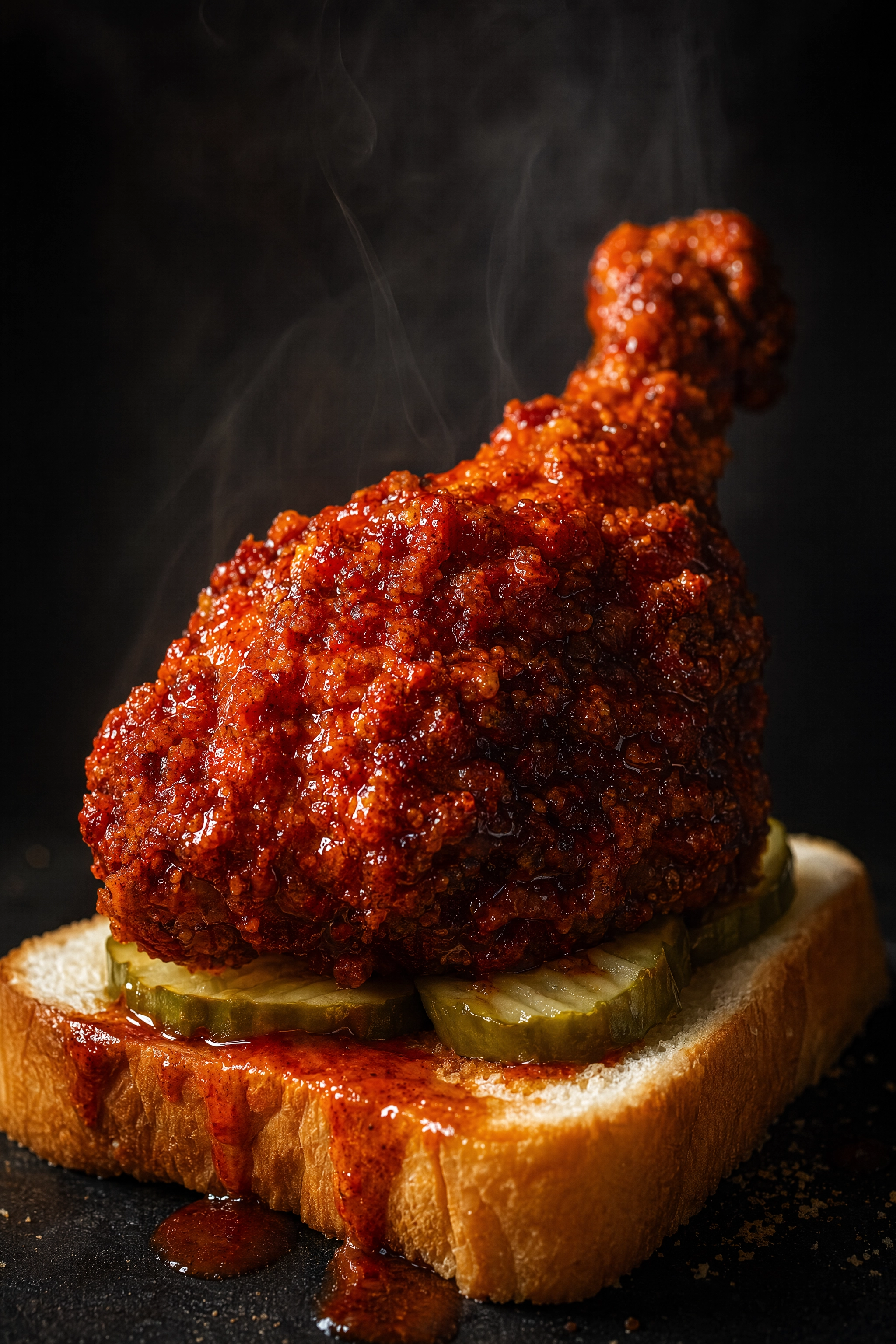 Fiery deep-red Nashville hot fried chicken drumstick on white bread with pickles, dramatically side-lit on a dark background