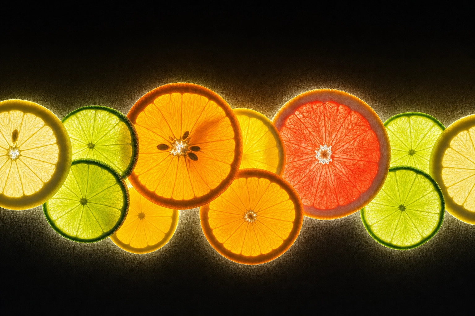 Backlit translucent citrus slices glowing like stained glass demonstrating backlighting in fruit photography